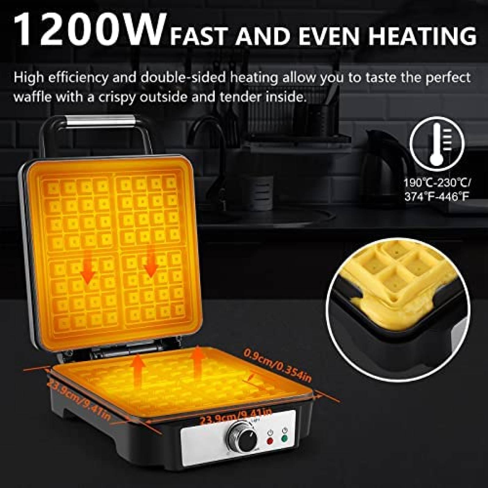 Wafflera MONXOOK de 1200W para 4 Waffles Cuadrados -Negro