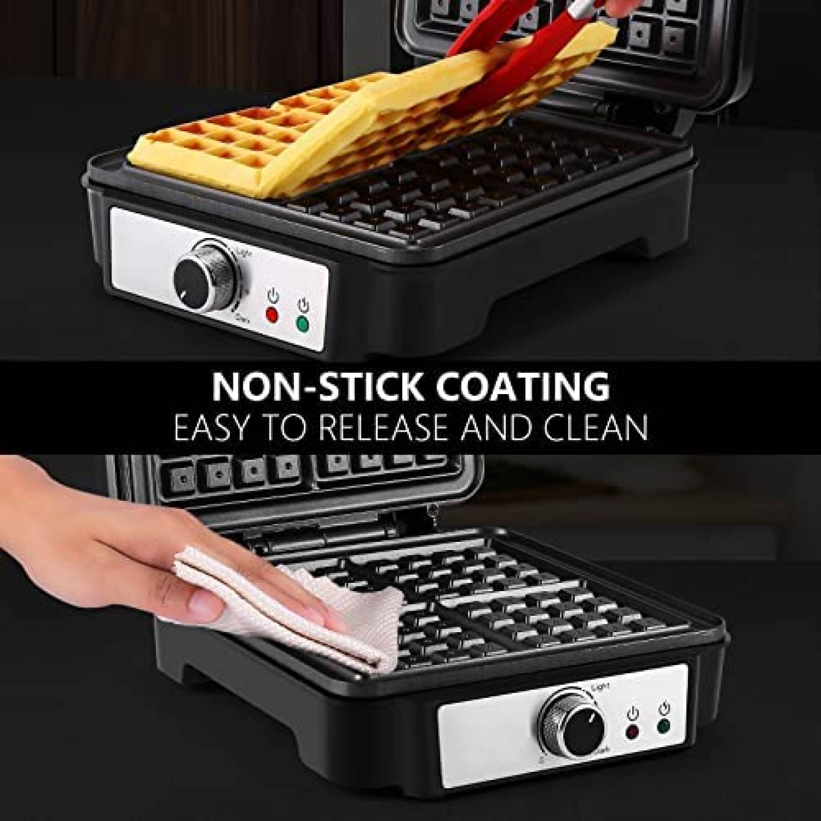 Wafflera MONXOOK de 1200W para 4 Waffles Cuadrados -Negro