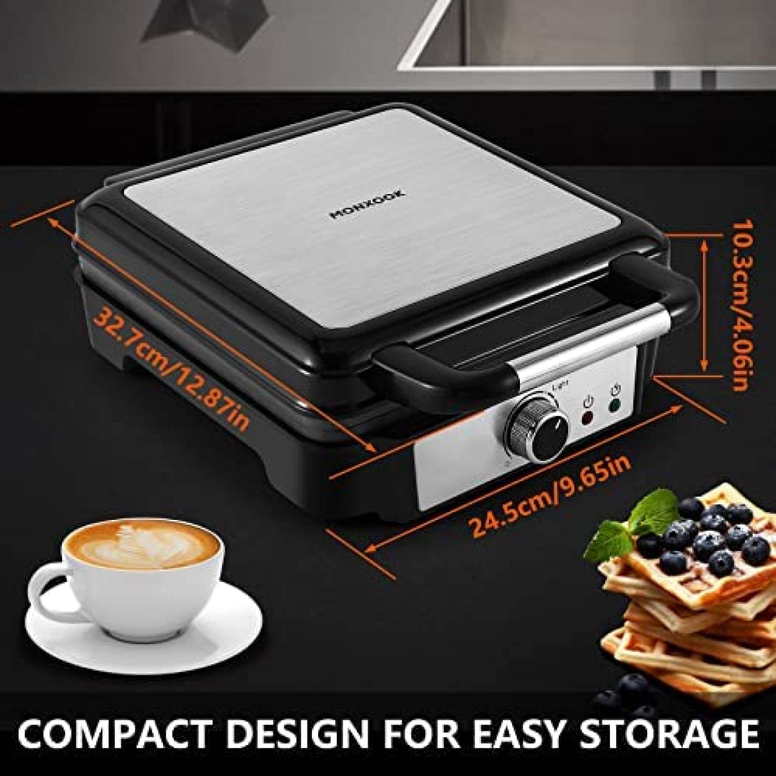 Wafflera MONXOOK de 1200W para 4 Waffles Cuadrados -Negro