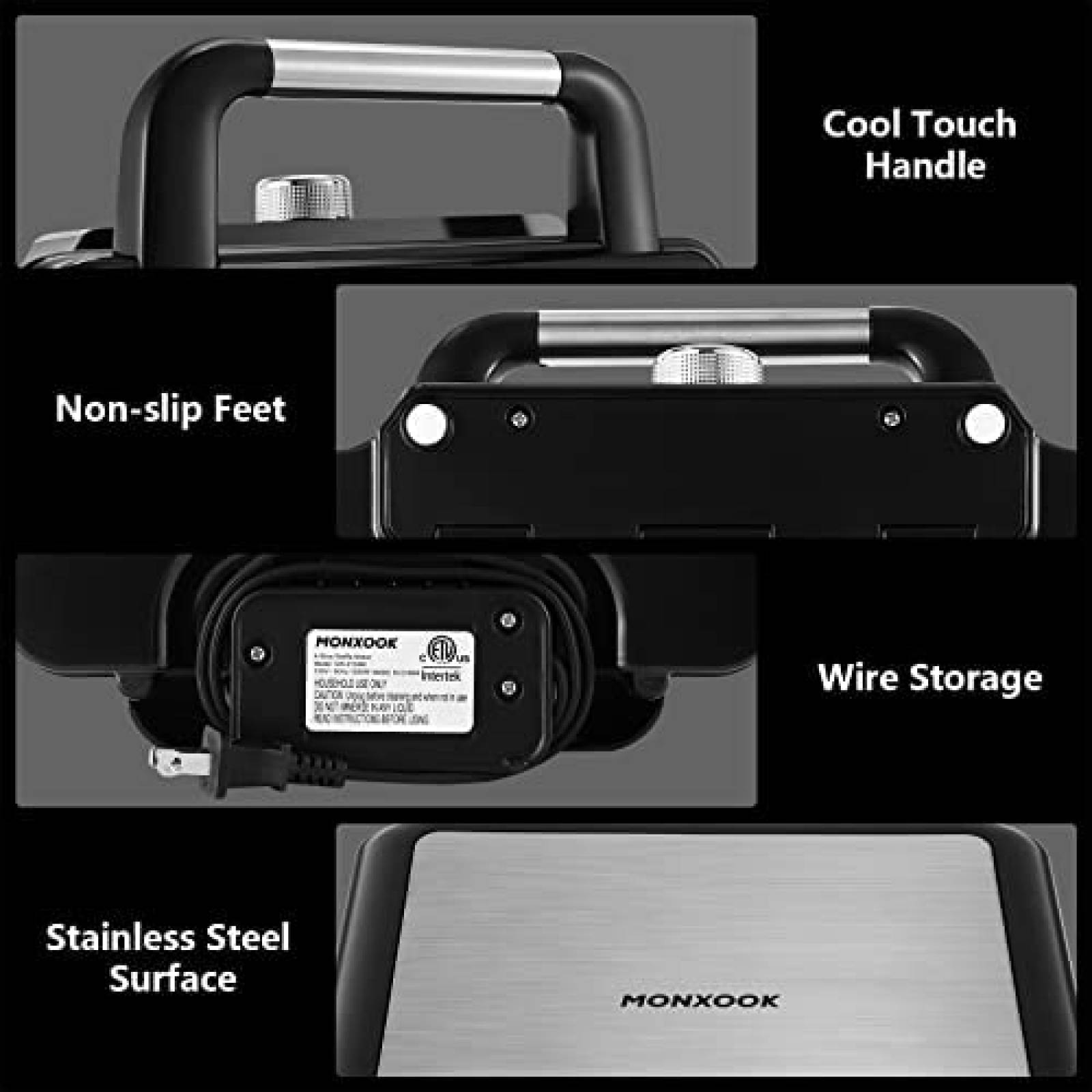 Wafflera MONXOOK de 1200W para 4 Waffles Cuadrados -Negro