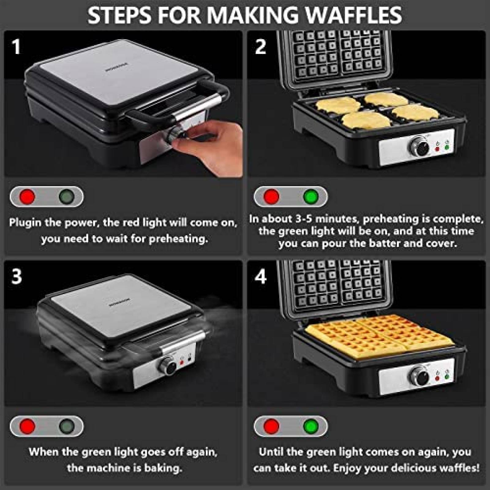 Wafflera MONXOOK de 1200W para 4 Waffles Cuadrados -Negro