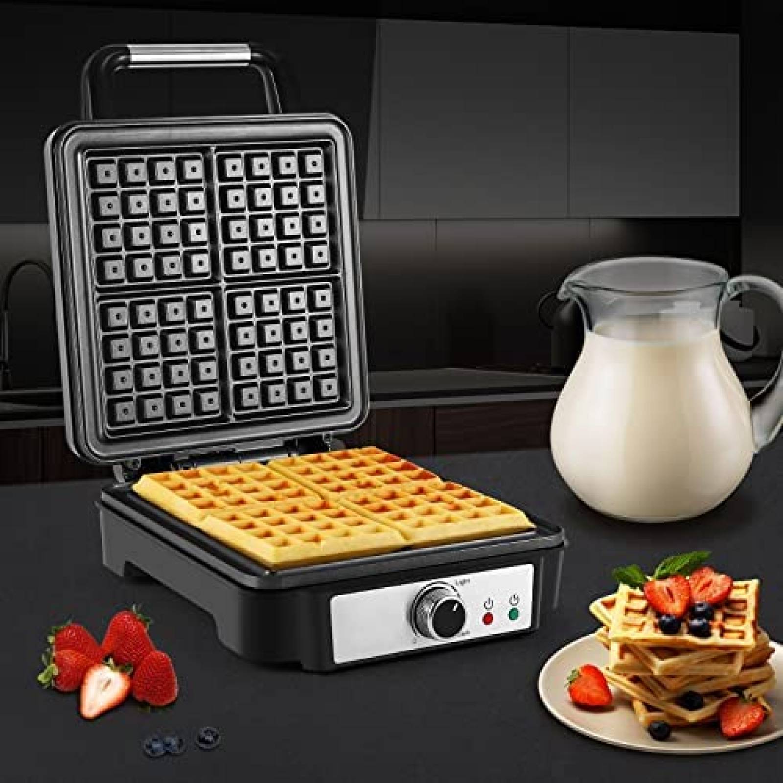 Wafflera MONXOOK de 1200W para 4 Waffles Cuadrados -Negro