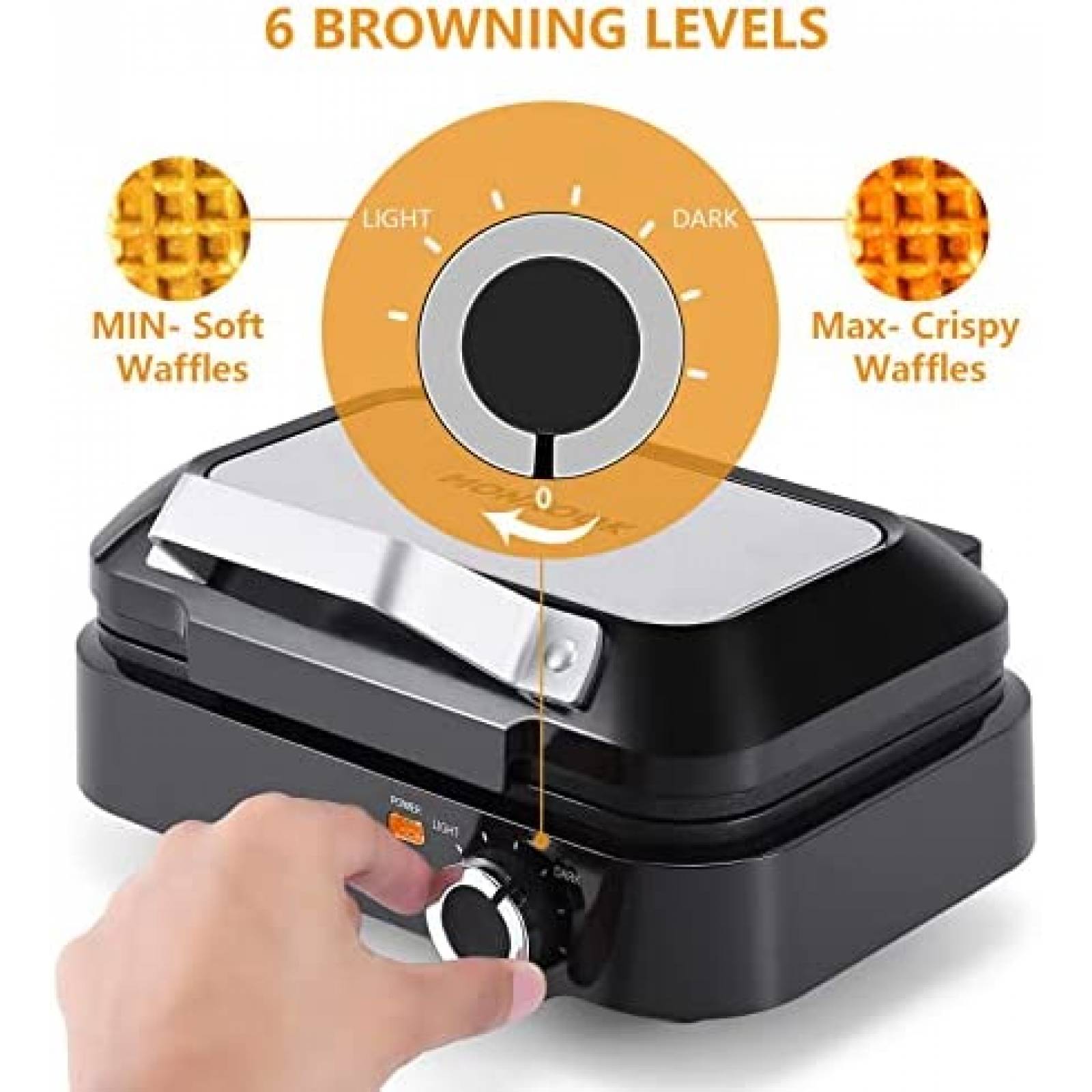 Wafflera MONXOOK de 1200W para 2 Waffles Cuadrados -Negro