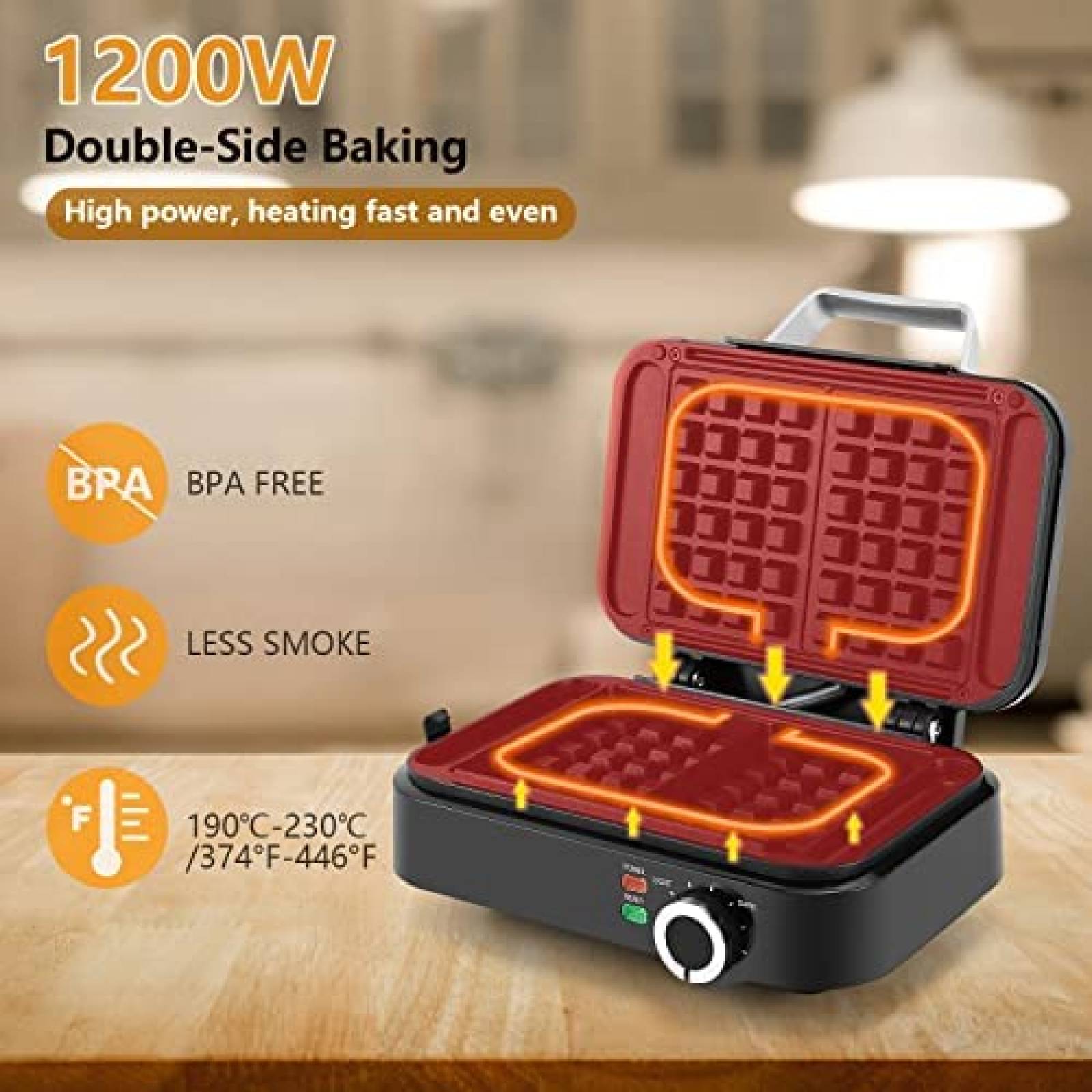 Wafflera MONXOOK de 1200W para 2 Waffles Cuadrados -Negro