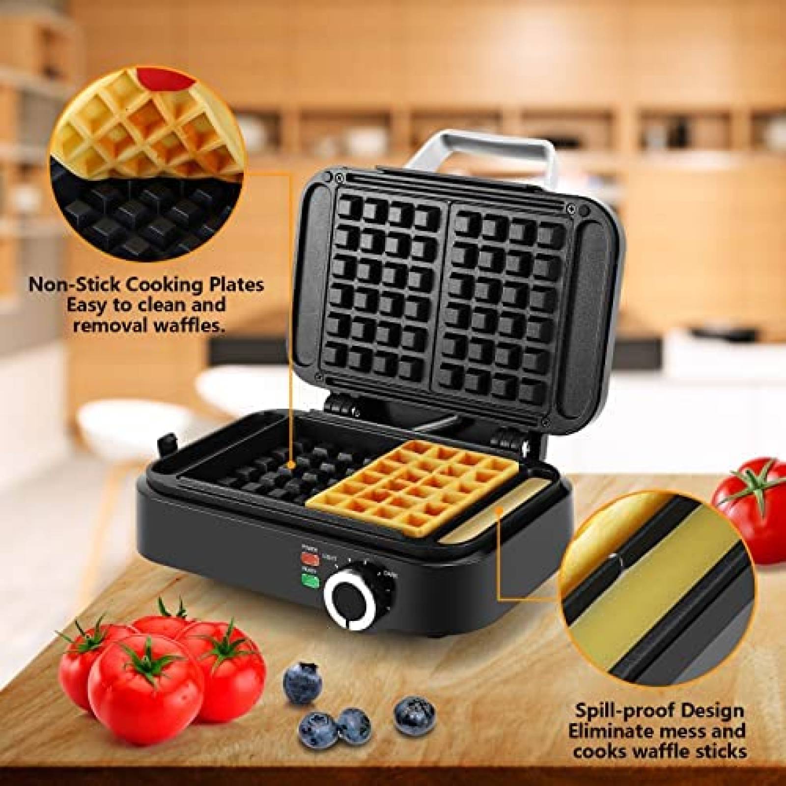 Wafflera MONXOOK de 1200W para 2 Waffles Cuadrados -Negro