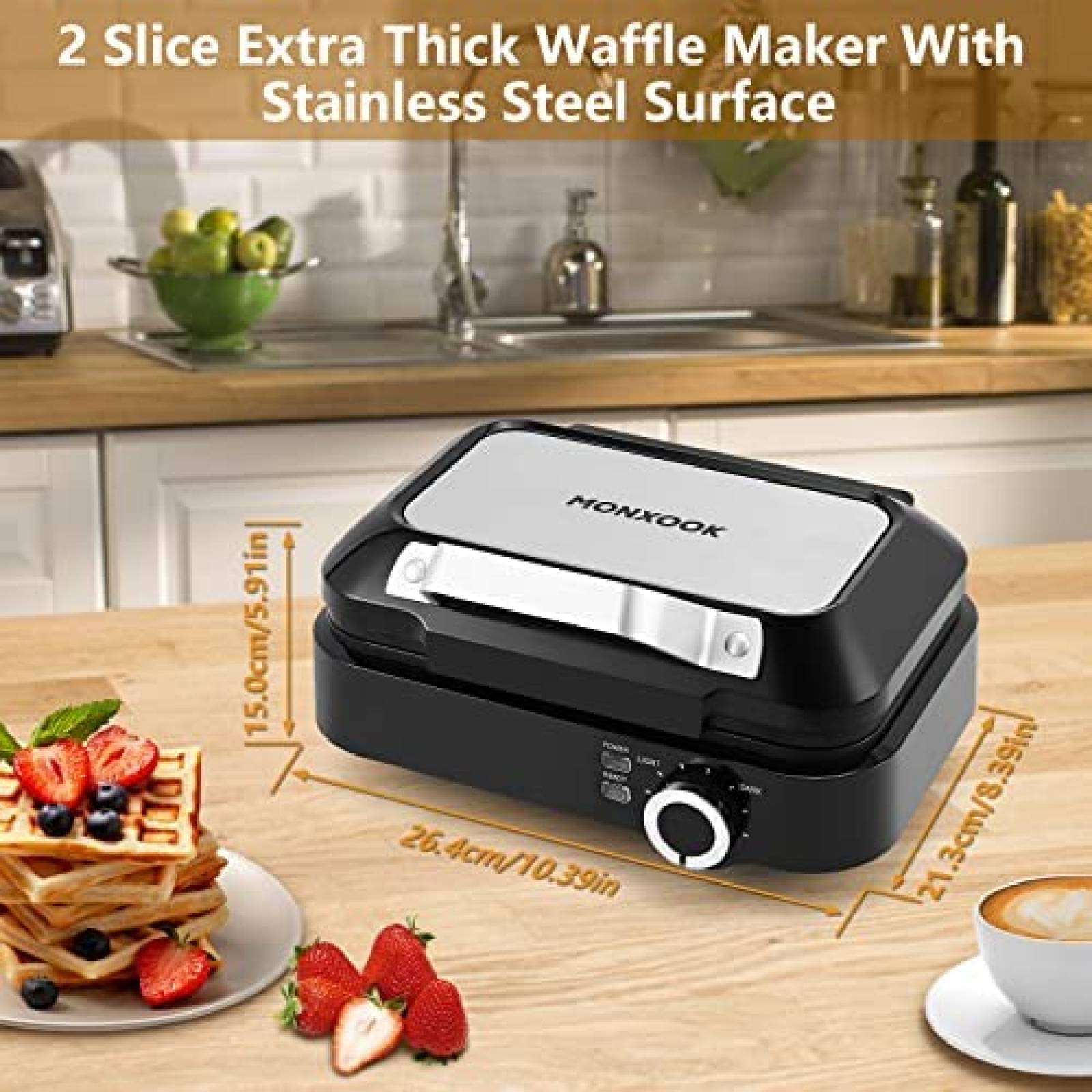 Wafflera MONXOOK de 1200W para 2 Waffles Cuadrados -Negro