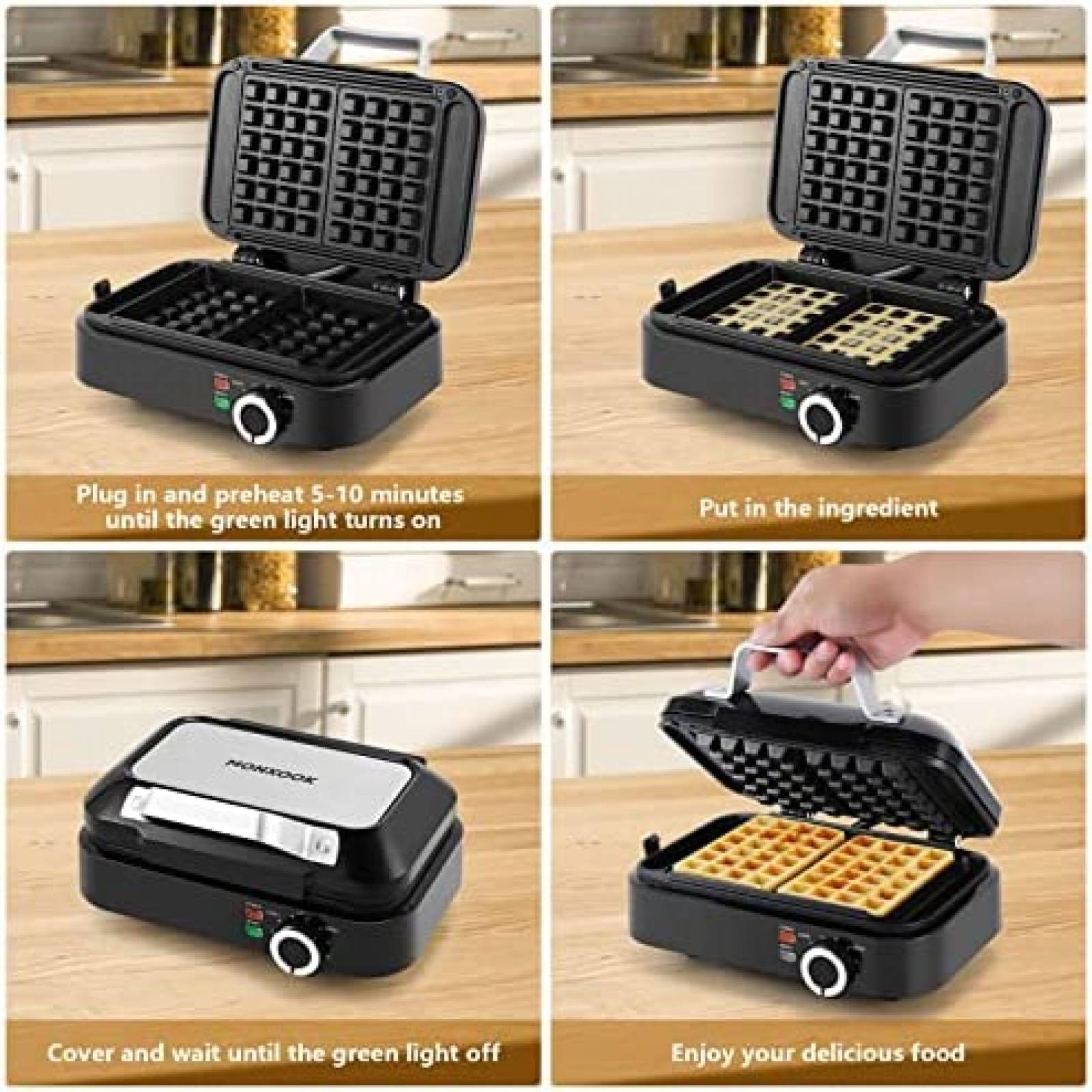 Wafflera MONXOOK de 1200W para 2 Waffles Cuadrados -Negro