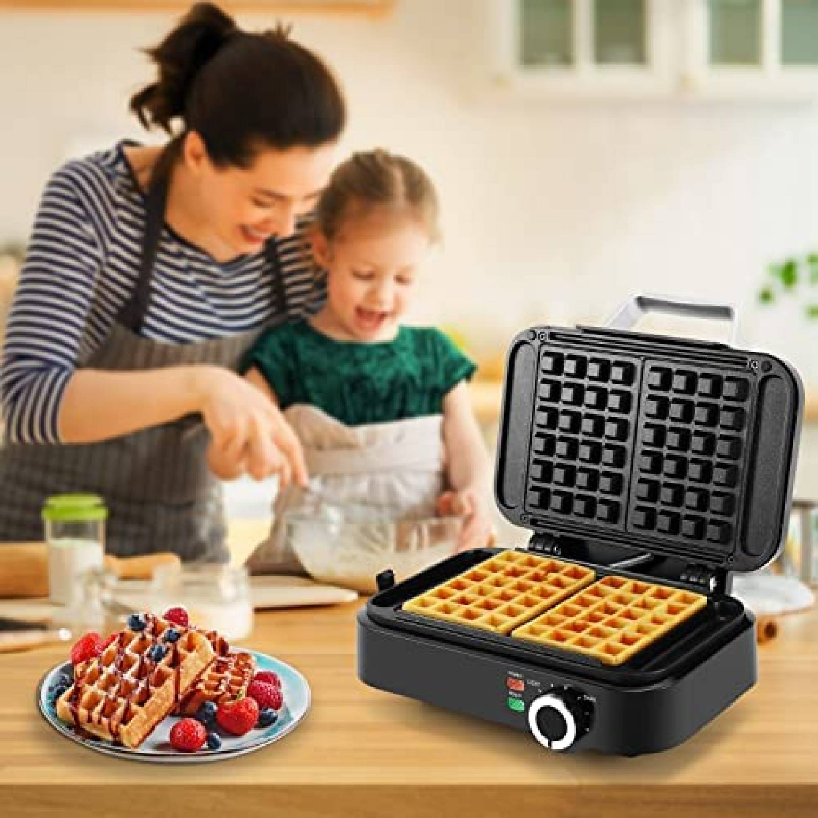 Wafflera MONXOOK de 1200W para 2 Waffles Cuadrados -Negro