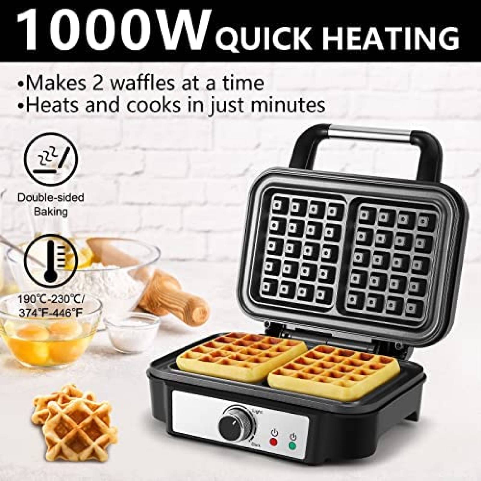 Wafflera MONXOOK de 1000W para 2 Waffles Cuadrados -Negro