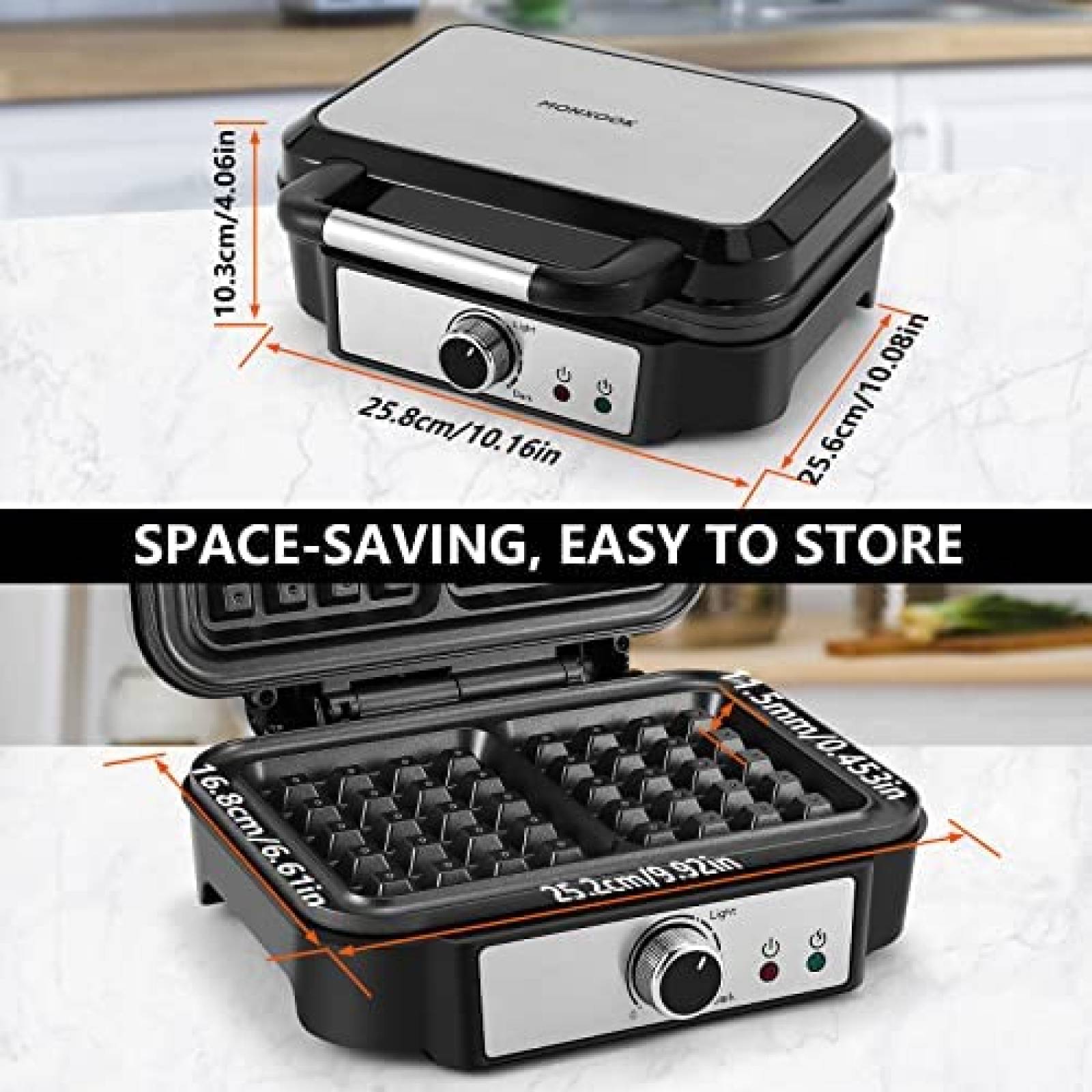 Wafflera MONXOOK de 1000W para 2 Waffles Cuadrados -Negro