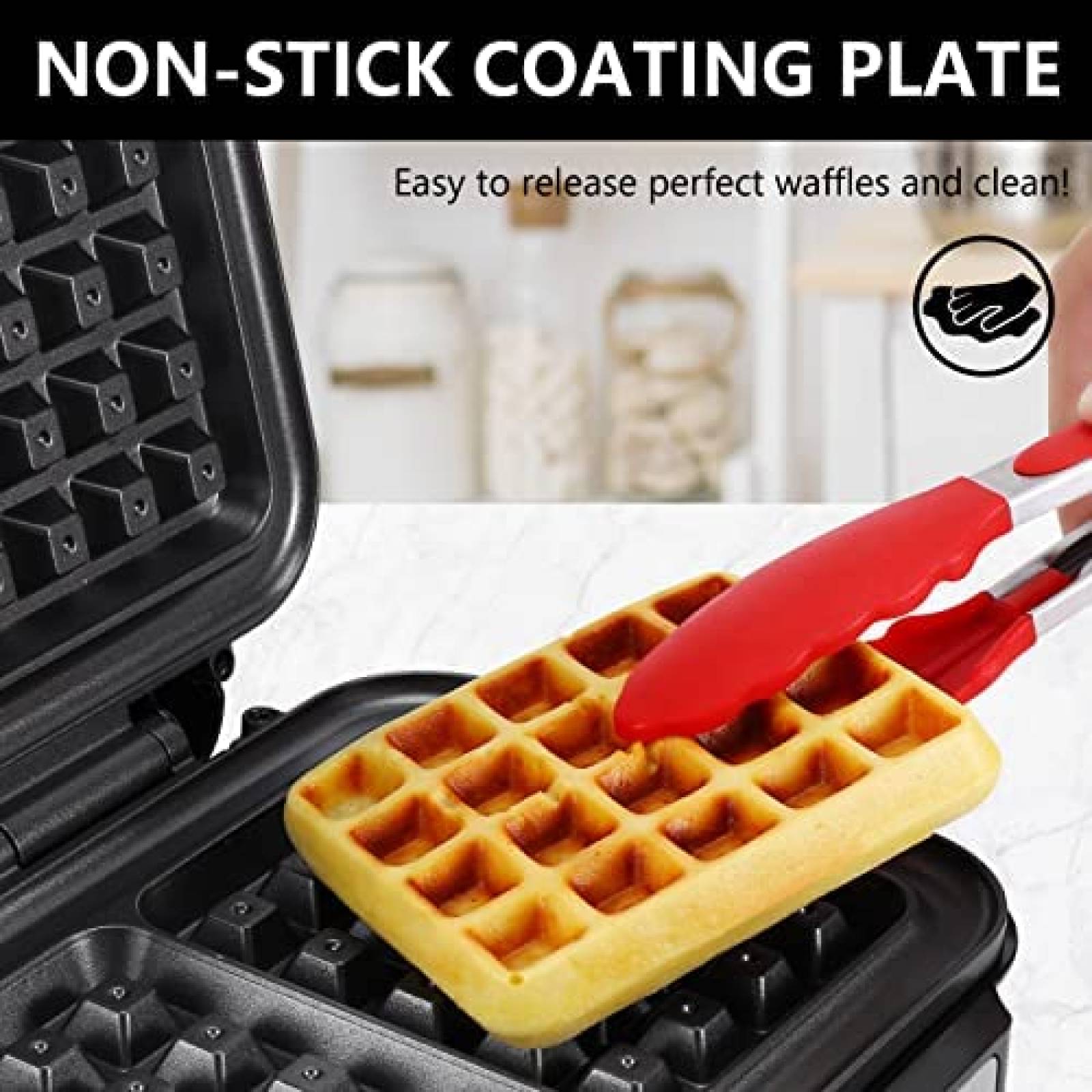 Wafflera MONXOOK de 1000W para 2 Waffles Cuadrados -Negro
