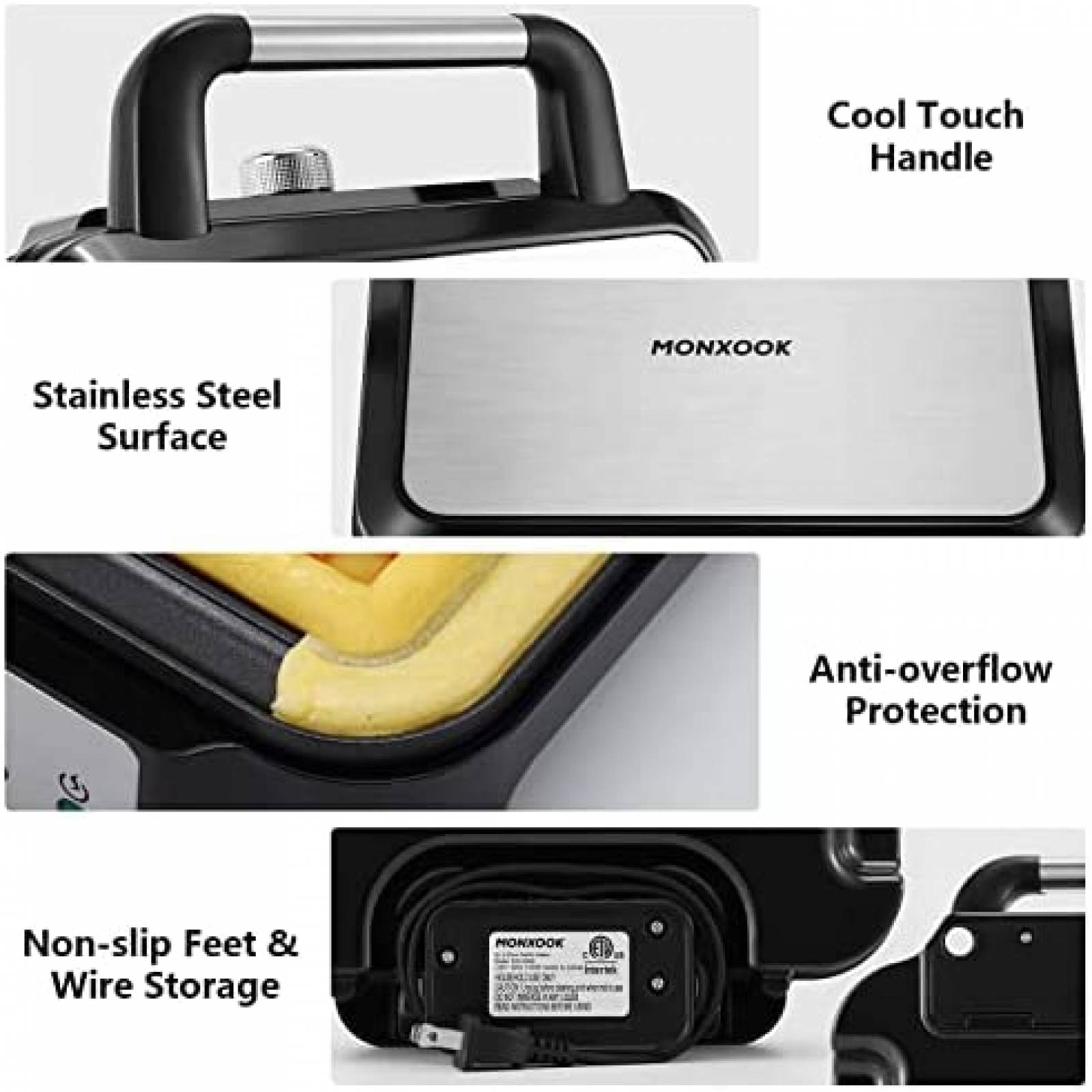 Wafflera MONXOOK de 1000W para 2 Waffles Cuadrados -Negro