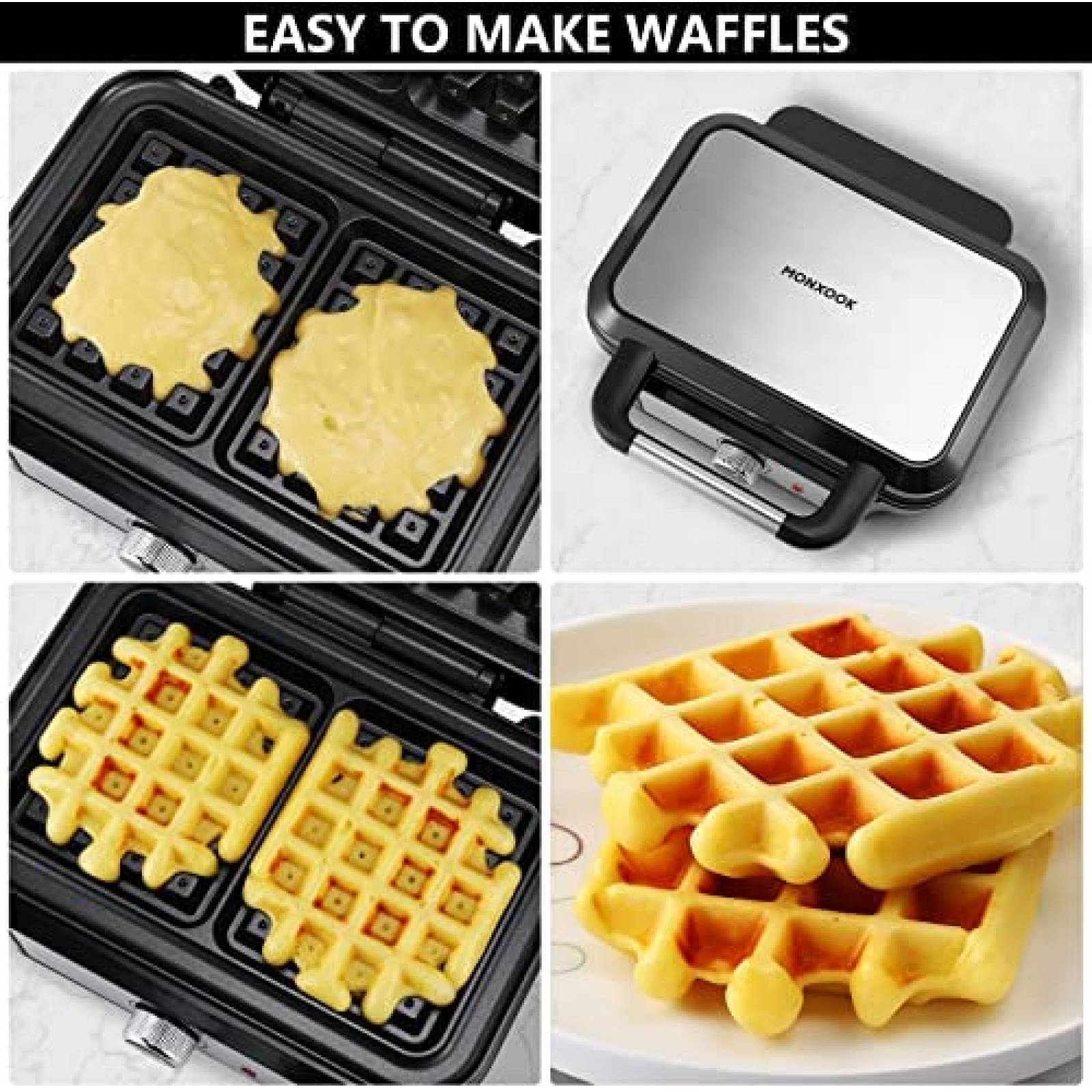 Wafflera MONXOOK de 1000W para 2 Waffles Cuadrados -Negro