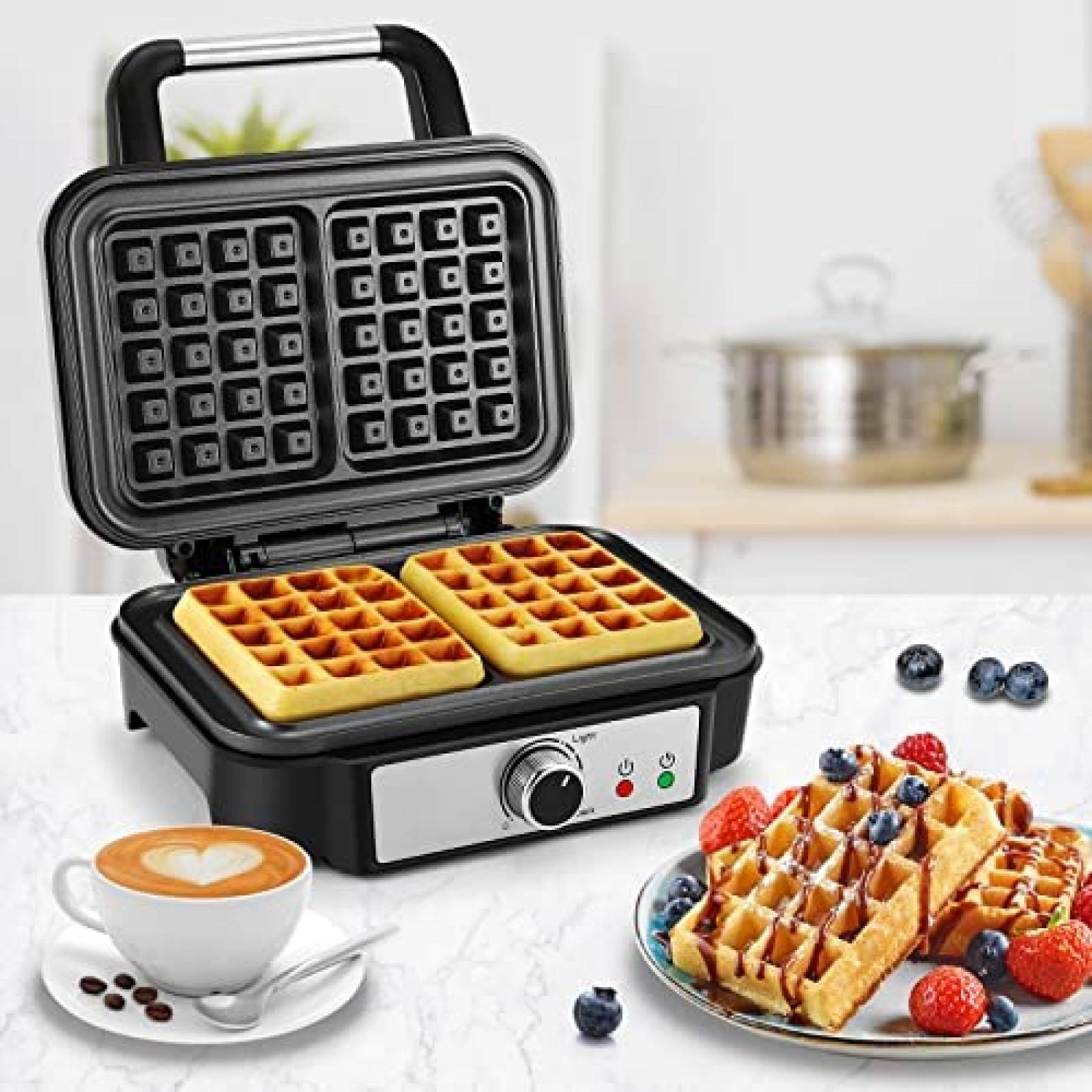 Wafflera MONXOOK de 1000W para 2 Waffles Cuadrados -Negro