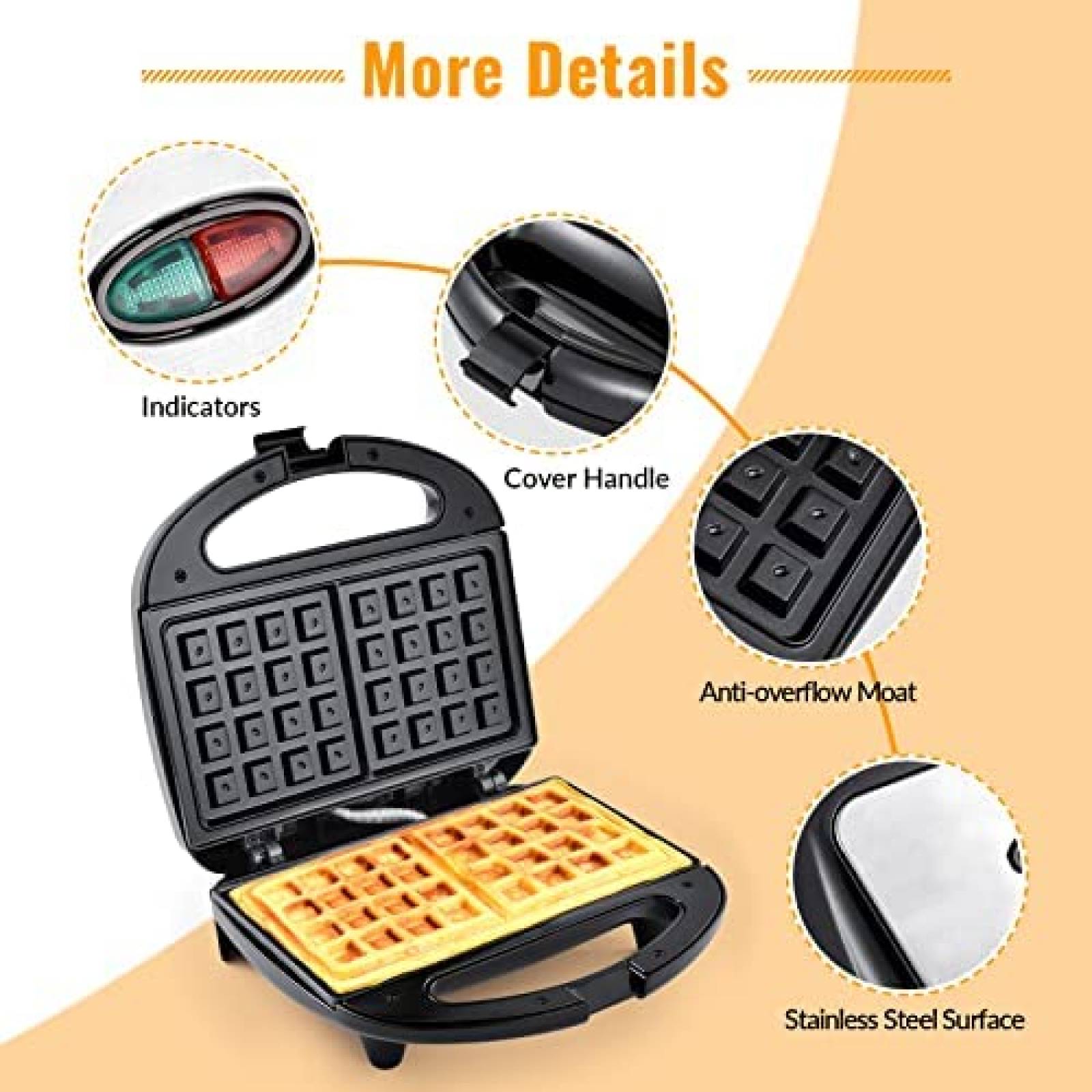 Wafflera MONXOOK de 750W para 2 Waffles Cuadrados -Negro