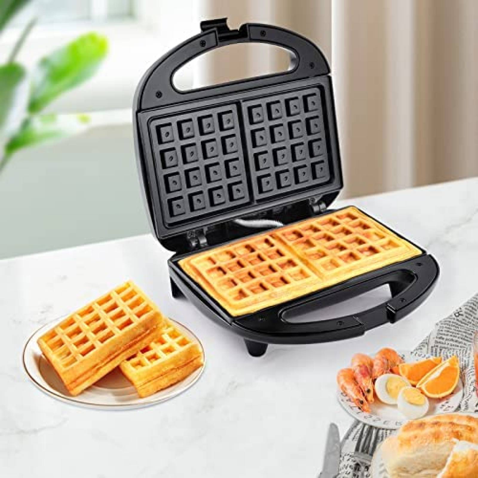Wafflera MONXOOK de 750W para 2 Waffles Cuadrados -Negro