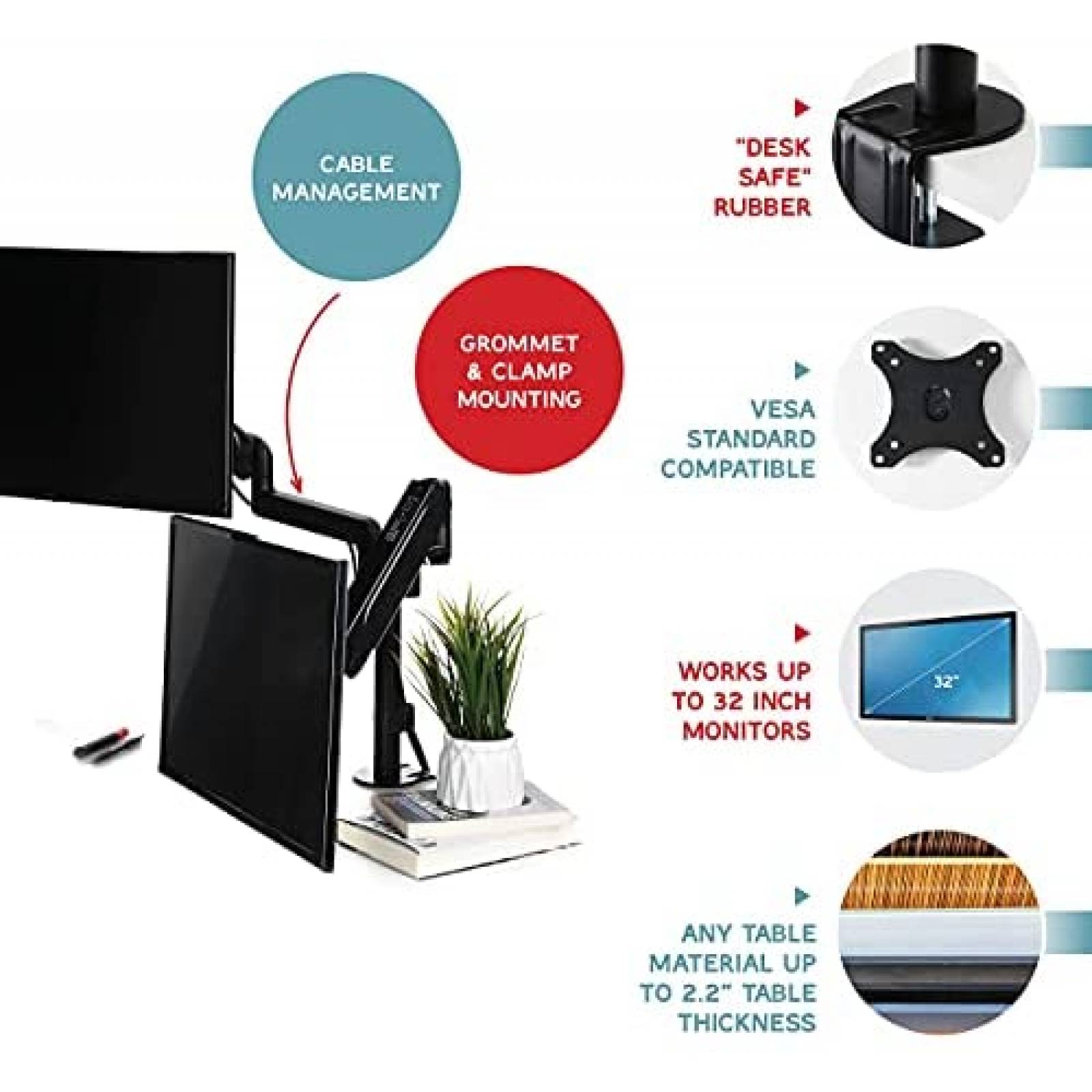 Soporte monitor Quarx Dual brazo 32" dos monitores Negro