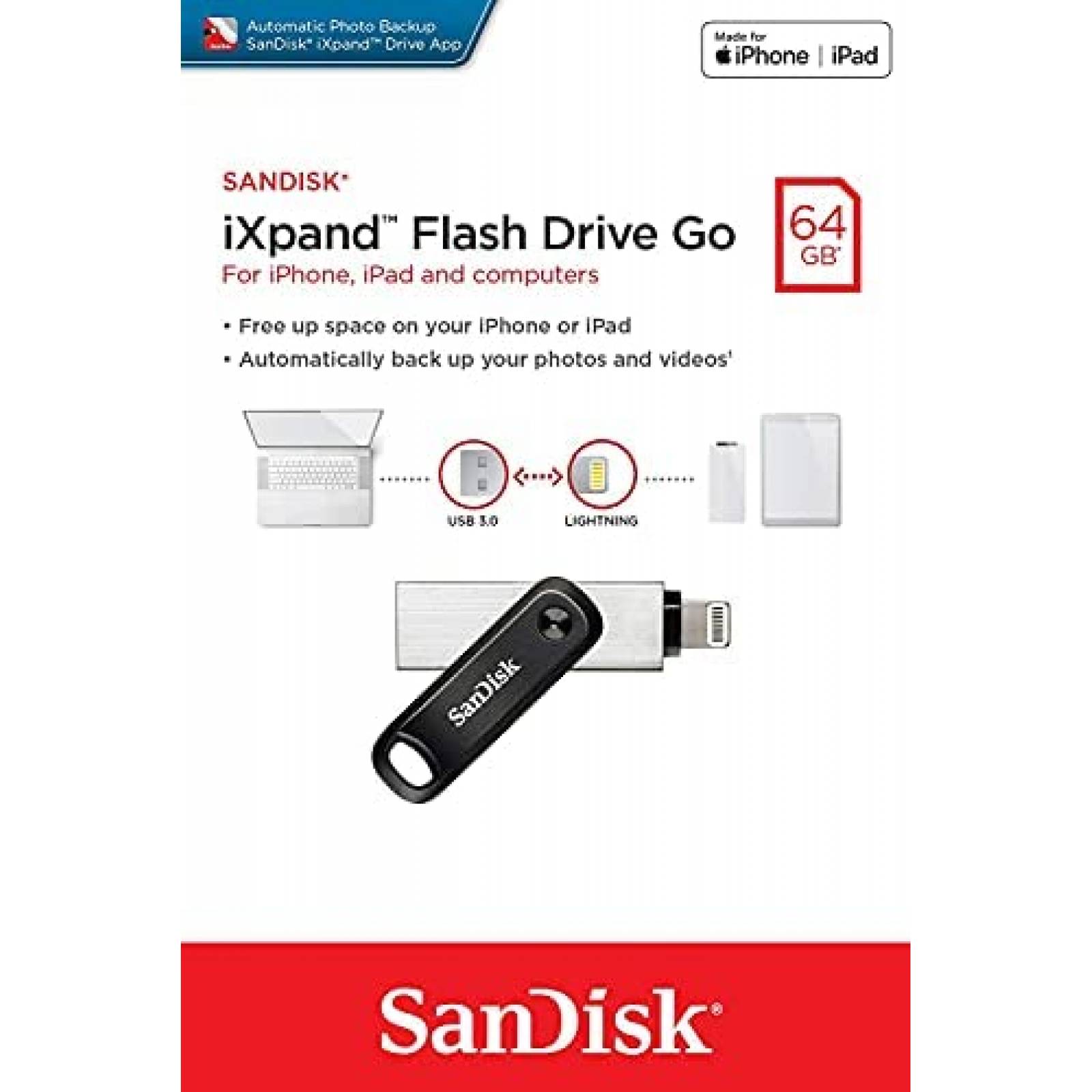 Memoria USB Flash Drive SanDisk iXpand Go de 128GB -Plata