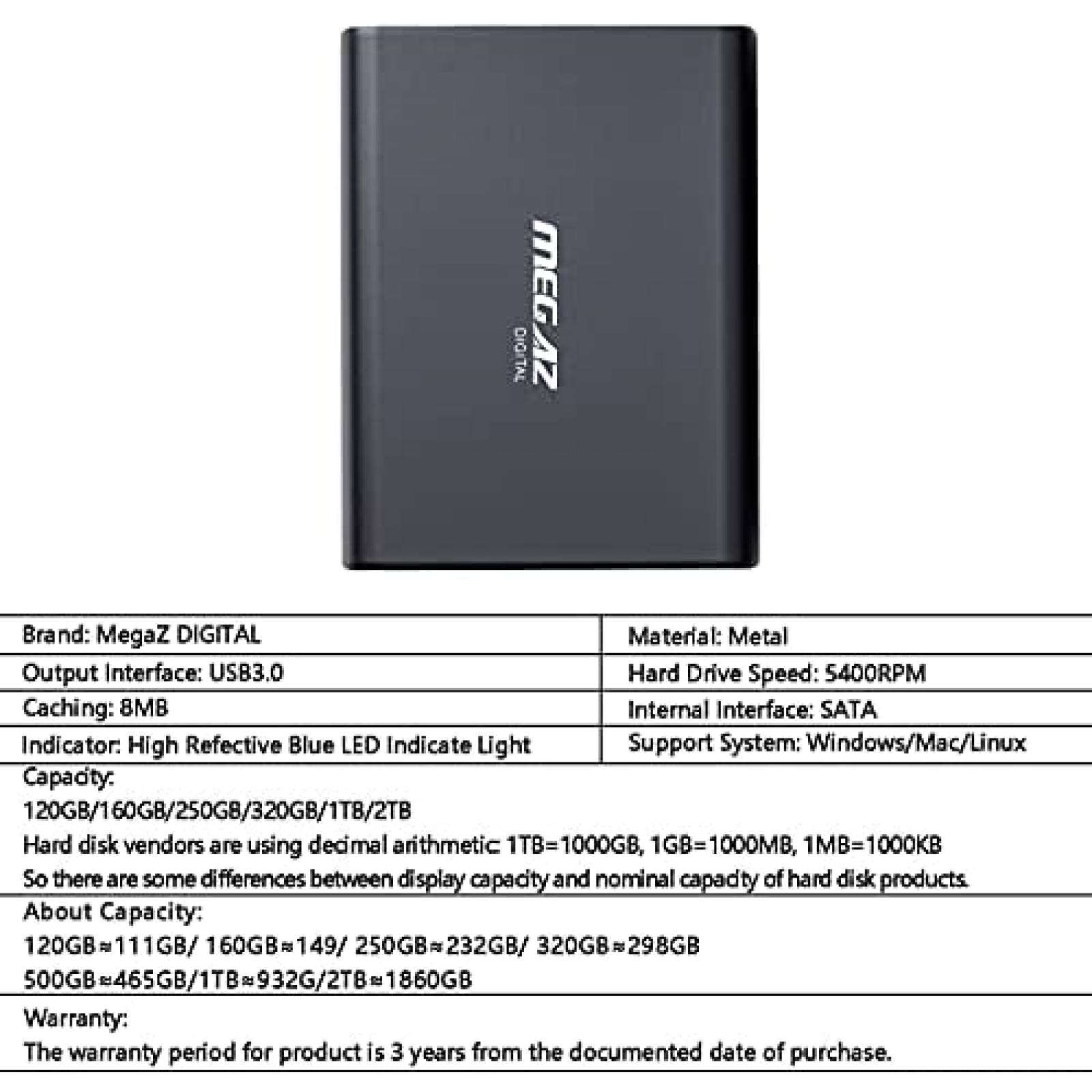 Disco Duro Externo MEGAZ DIGITAL Portatil 500GB -Gris