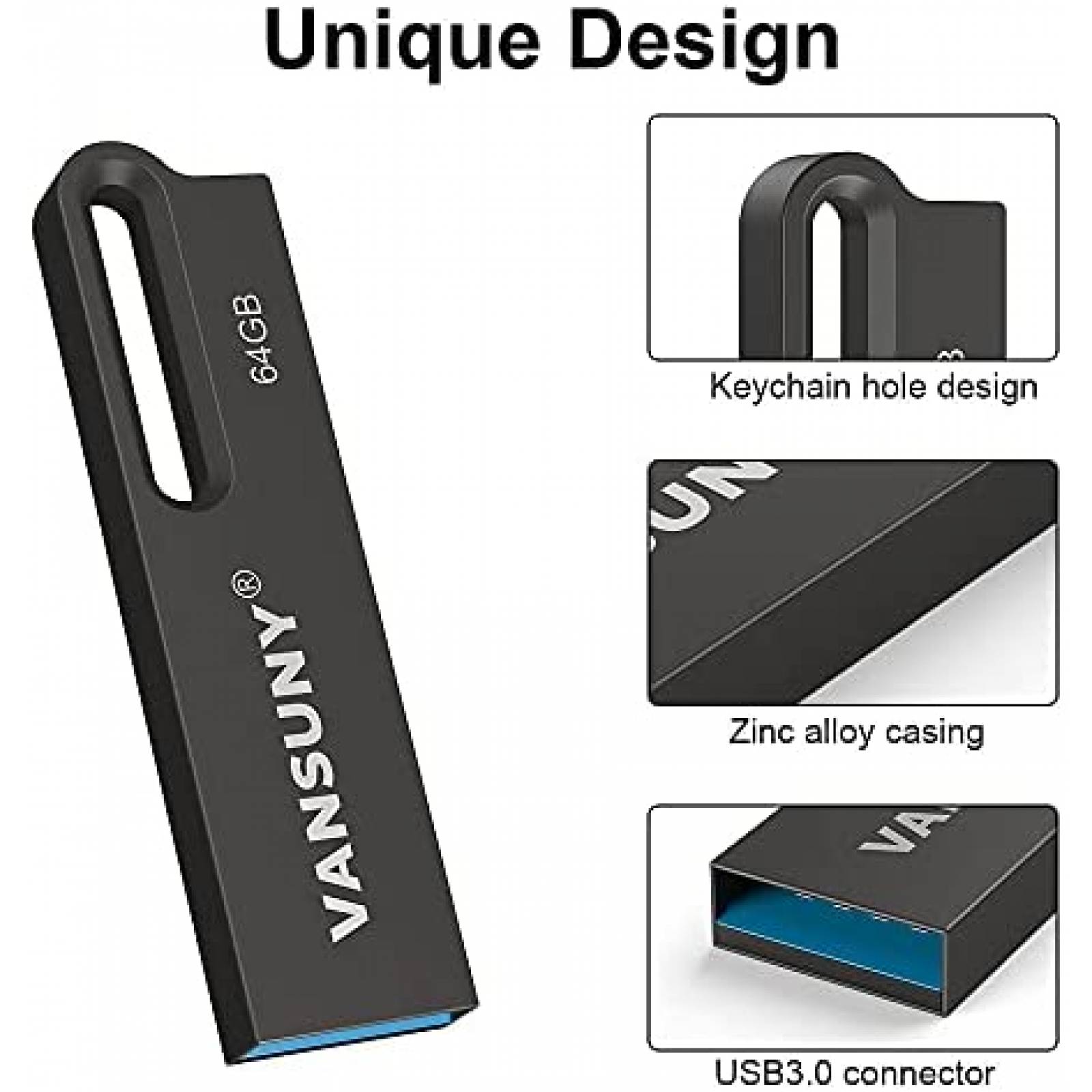 Memoria Flash Drive Vansuny USB de 64 GB Impermebale -Negro