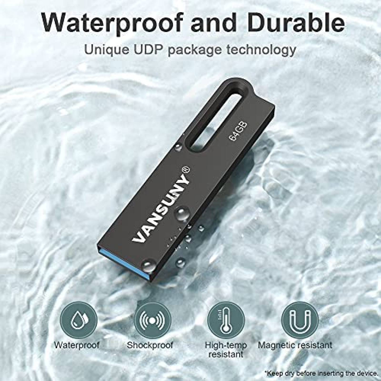 Memoria Flash Drive Vansuny USB de 64 GB Impermebale -Negro
