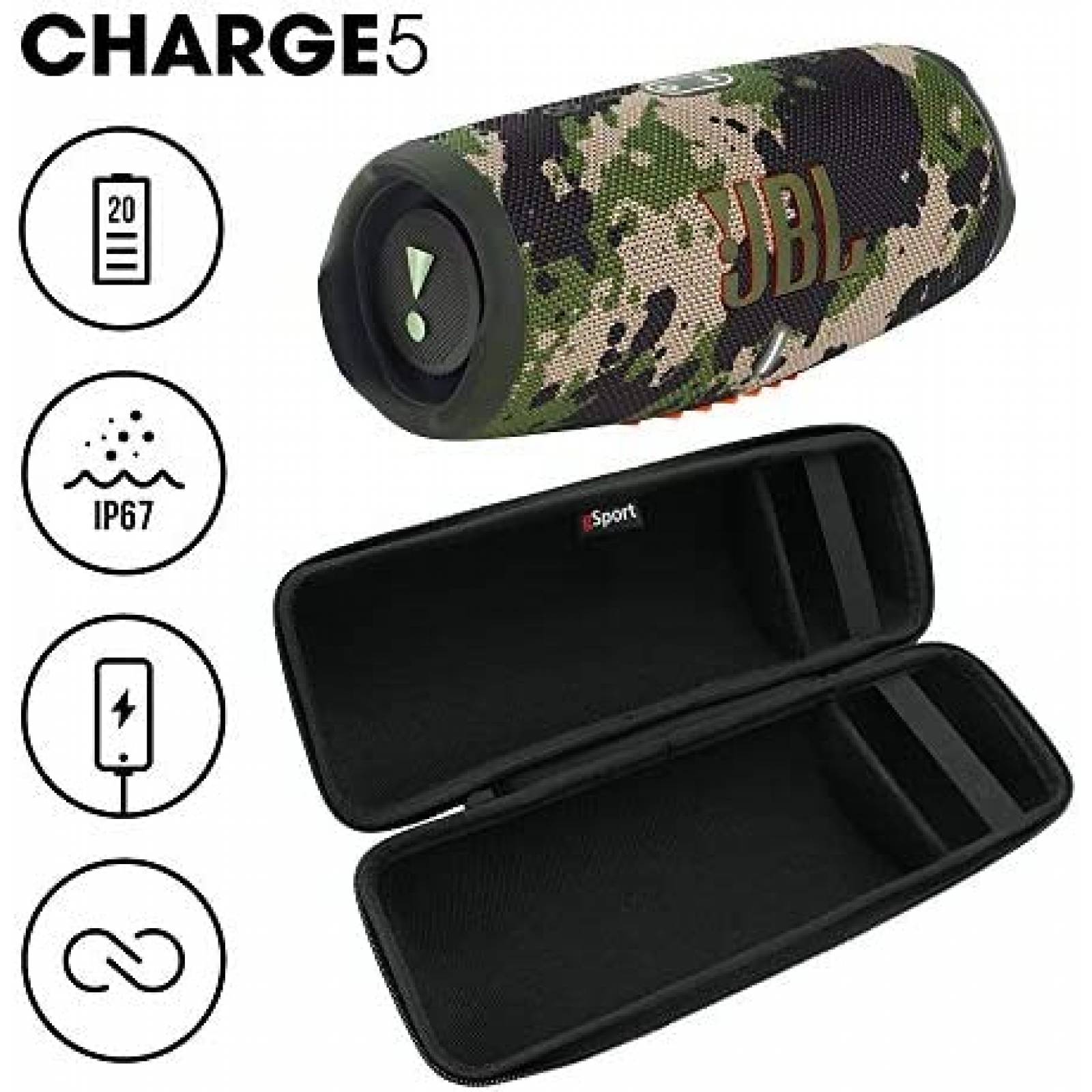 Bocina JBL Charge 5 IP67 20HBateria EstuchedeViaje Camuflaje