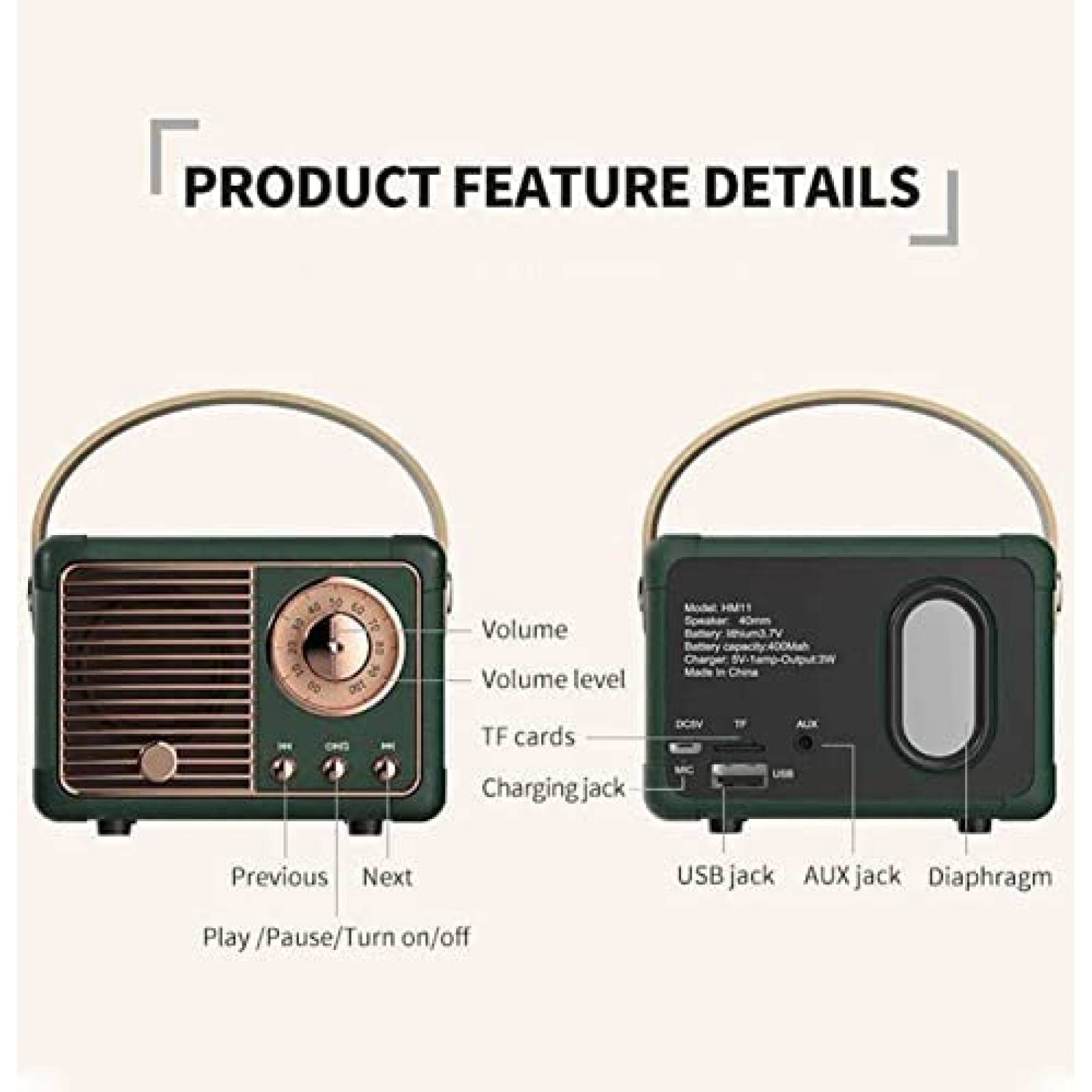 Bocina Portatil Dosmix HM11 Bluetooth Estilo Retro -Verde