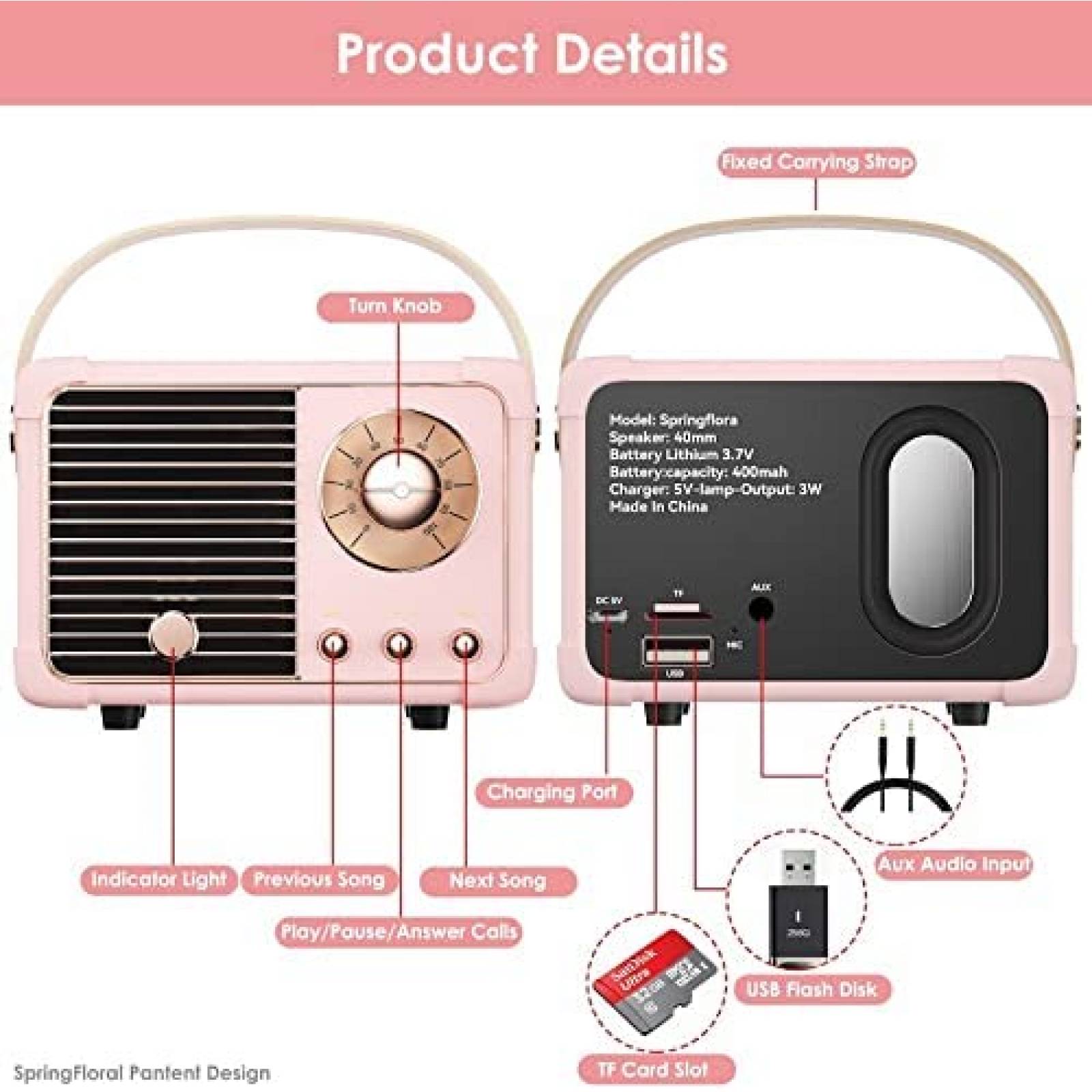 Radio Bluetooth de Estilo Retro SpringFlora 400mA -Rosa