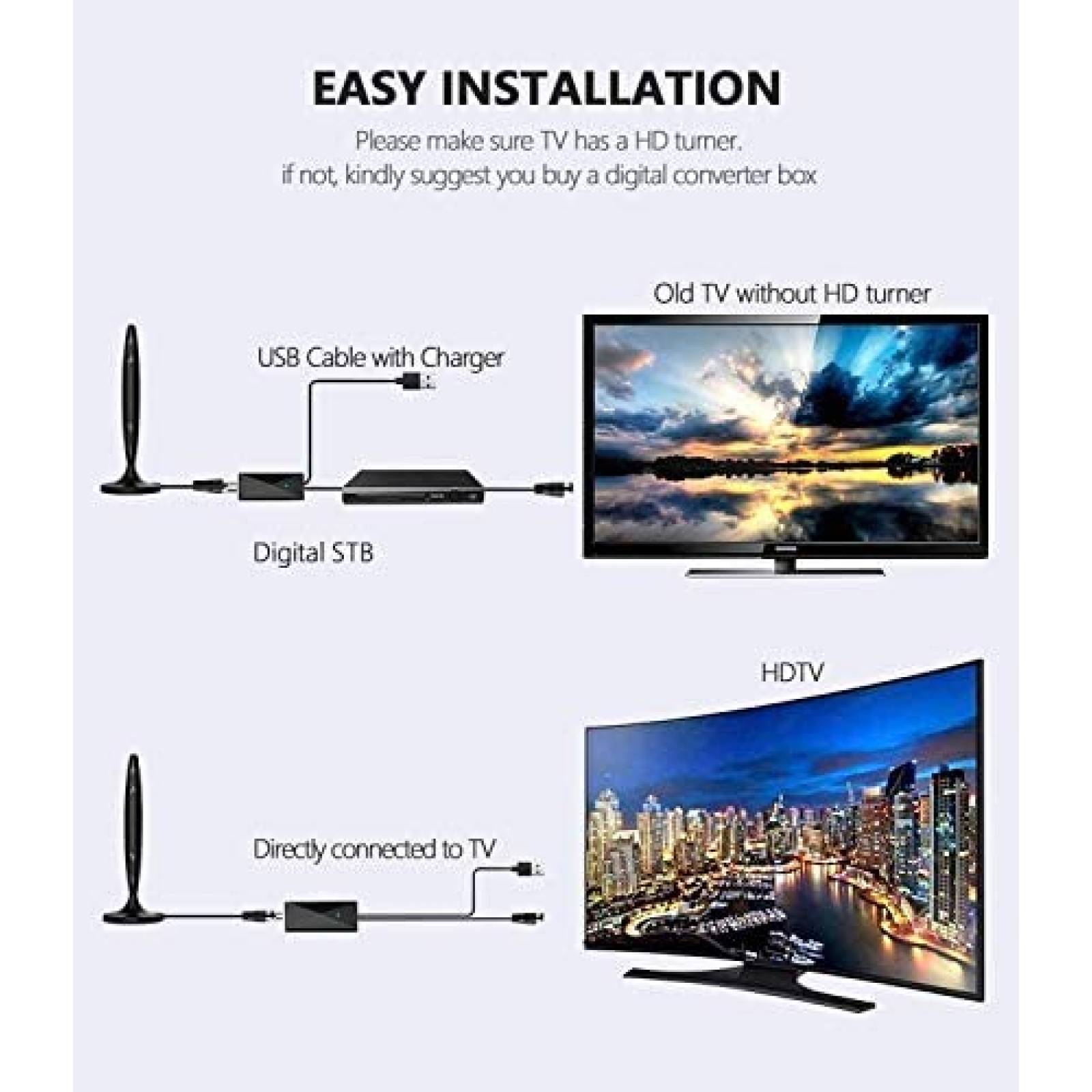 Antena de TV WeGuard HDTV 4K 1080P con cable 18ft -Negro