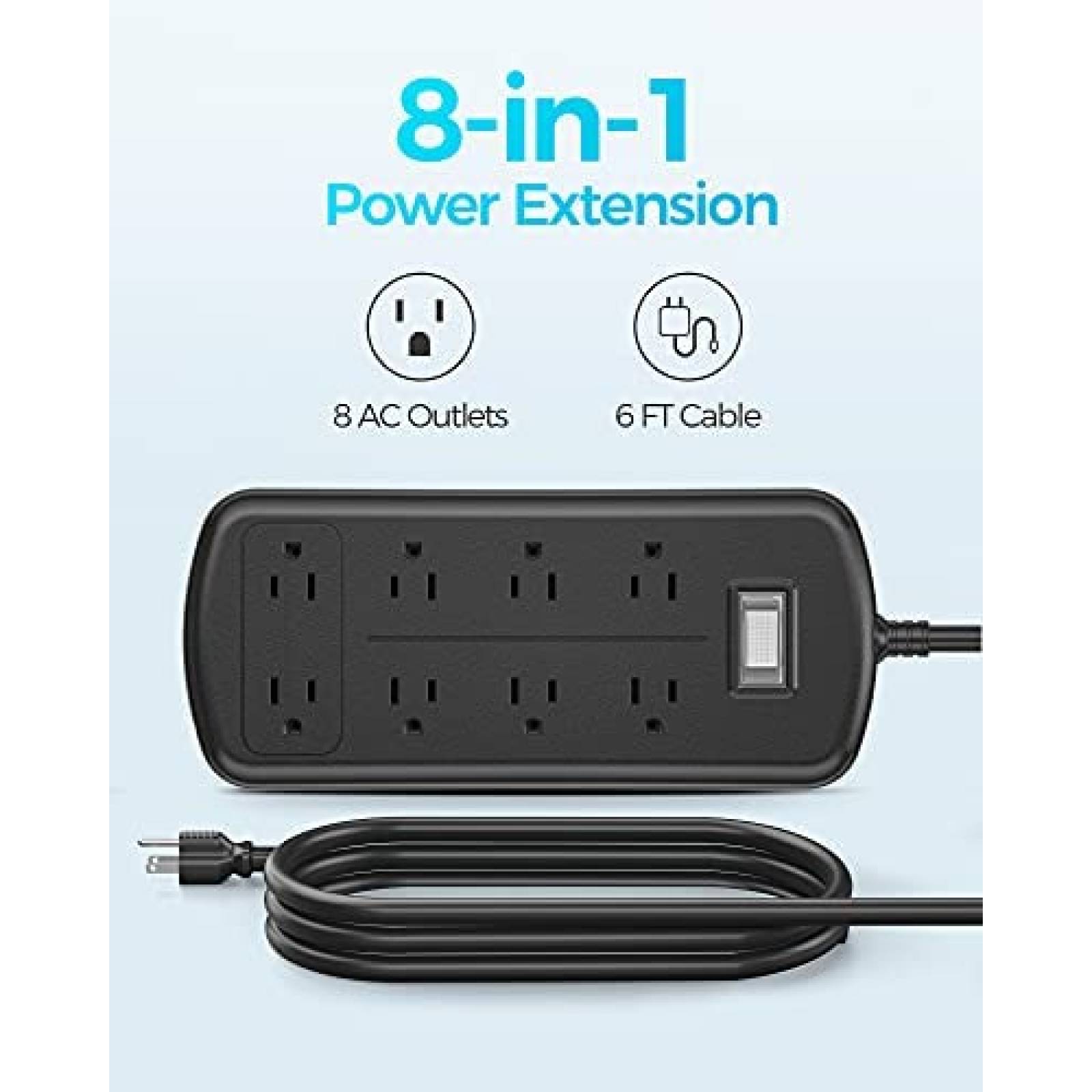 Tira de alimentacion EIGSO de 8 tomas impermeable -Negro