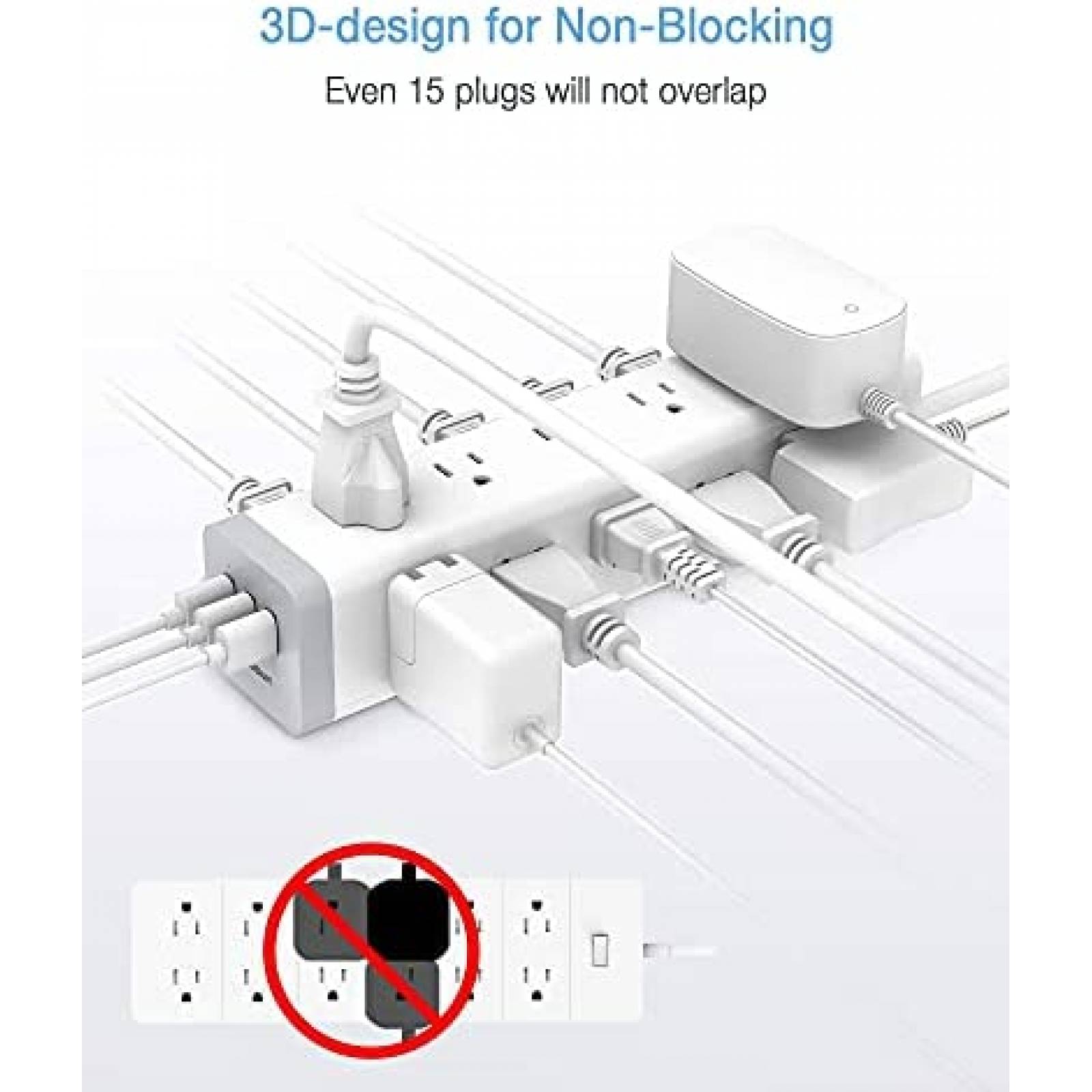 Multicontacto TESSAN 3 Lados 15 Tomacorrientes 3 USB -Blanco