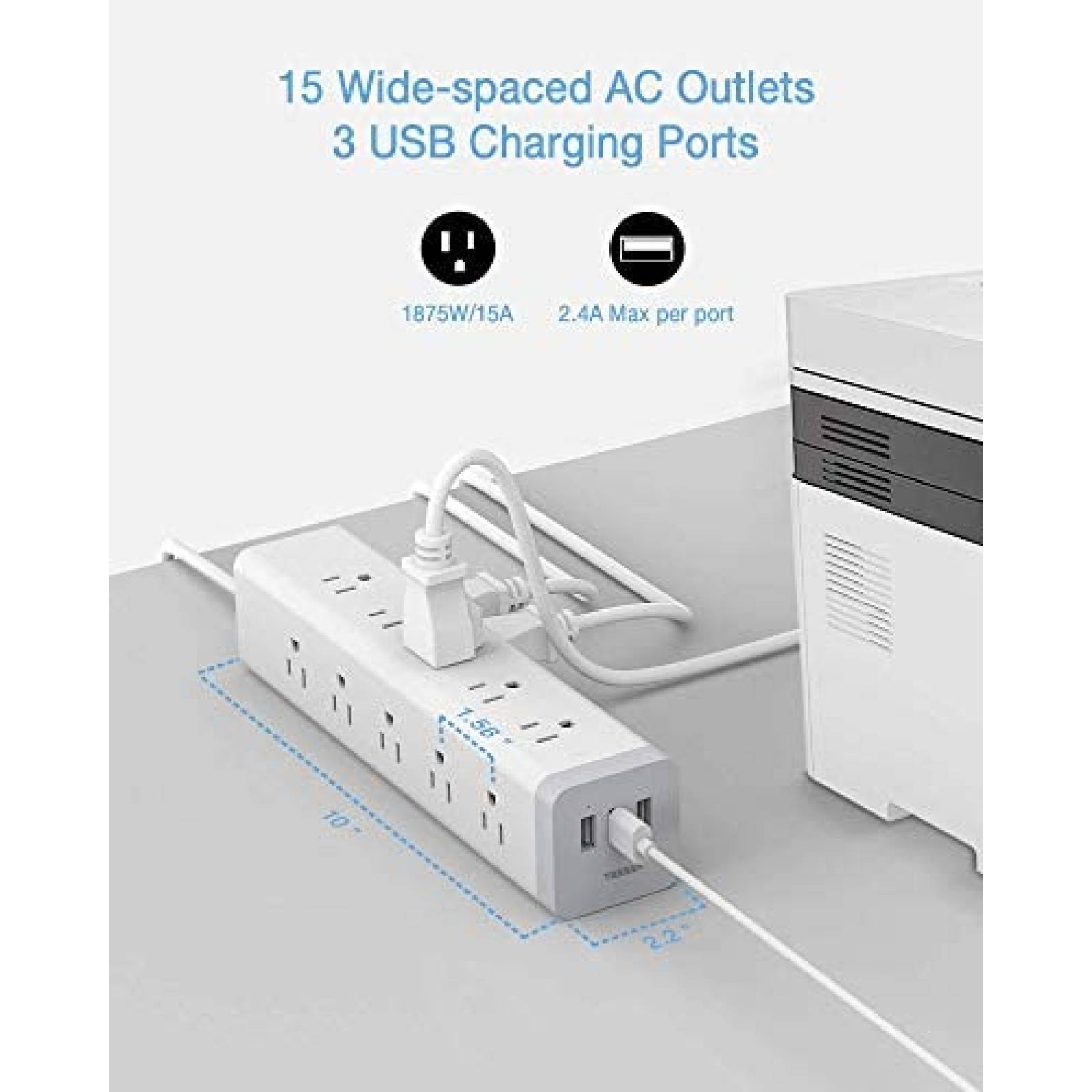 Multicontacto TESSAN 3 Lados 15 Tomacorrientes 3 USB -Blanco