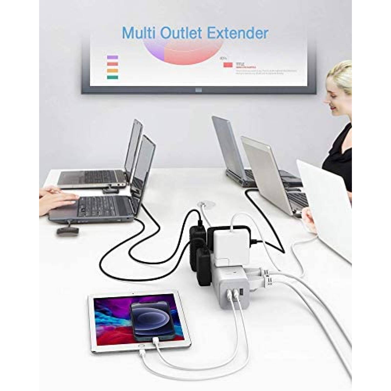 Multicontacto TESSAN 3 Lados 15 Tomacorrientes 3 USB -Blanco