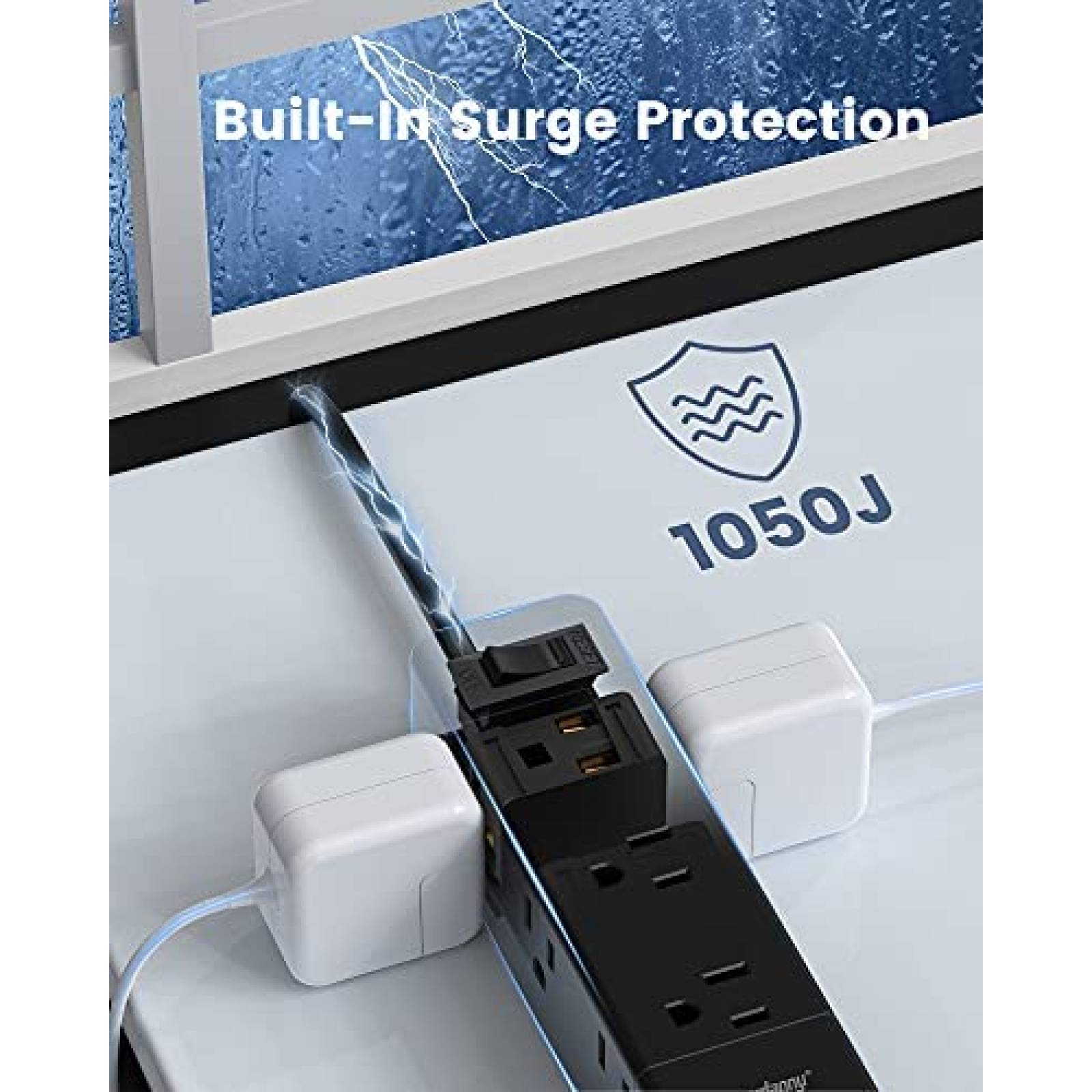 Regleta de protección contra sobretensiones, enchufe plano Cool Home con 8  tomas, 4 puertos USB (1 tipo C), regleta de extensión de mesa portátil