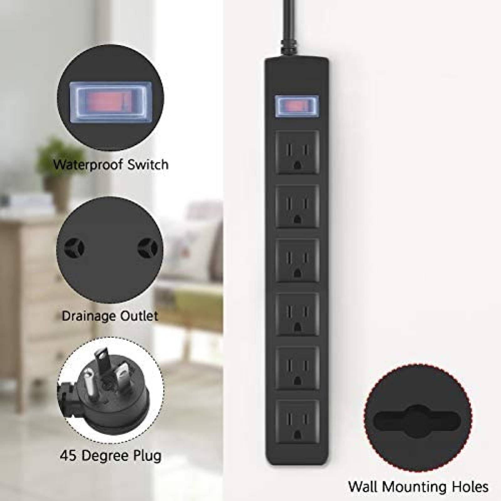 Tira de alimentacion CCCEI impermeable con 6 tomacorrientes