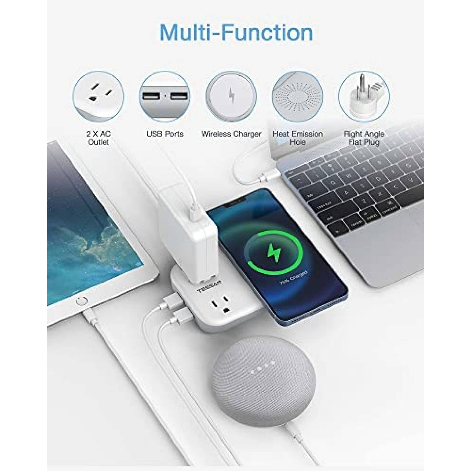 Multicontacto TESSAN 2 CA 2 USB Plataforma Carga Inalambrica