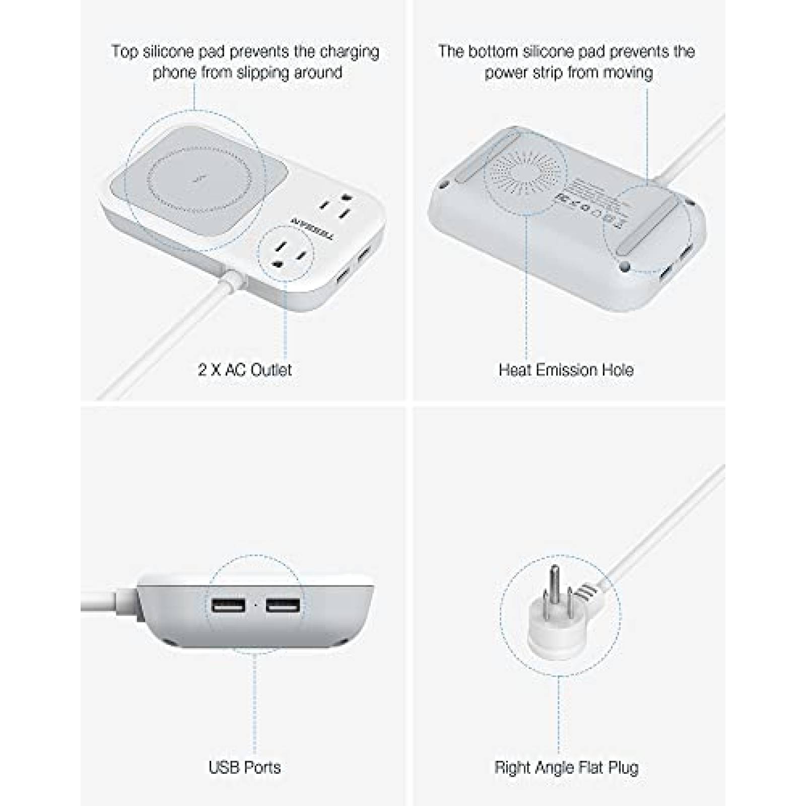Multicontacto TESSAN 2 CA 2 USB Plataforma Carga Inalambrica