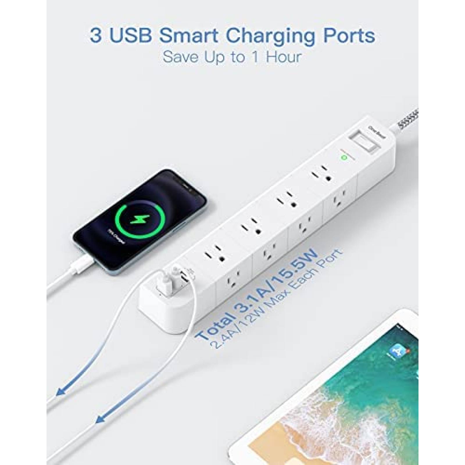 Multicontacto One Beat de 8 Entradas y 3 Puertos USB -Blanco