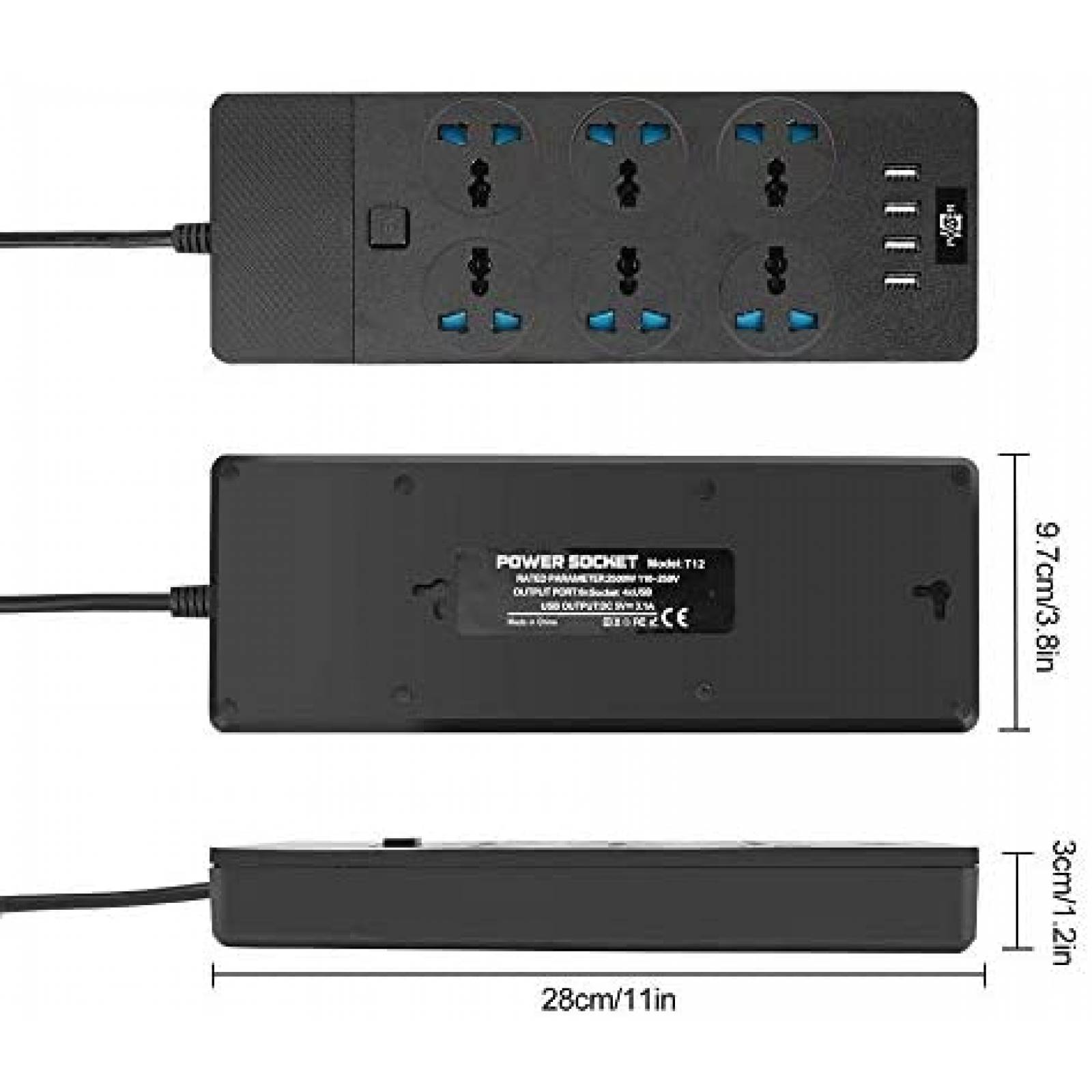 Multicontactos MAOZUA de 6 .5 Pies con 6 AC/3 USB -Negro