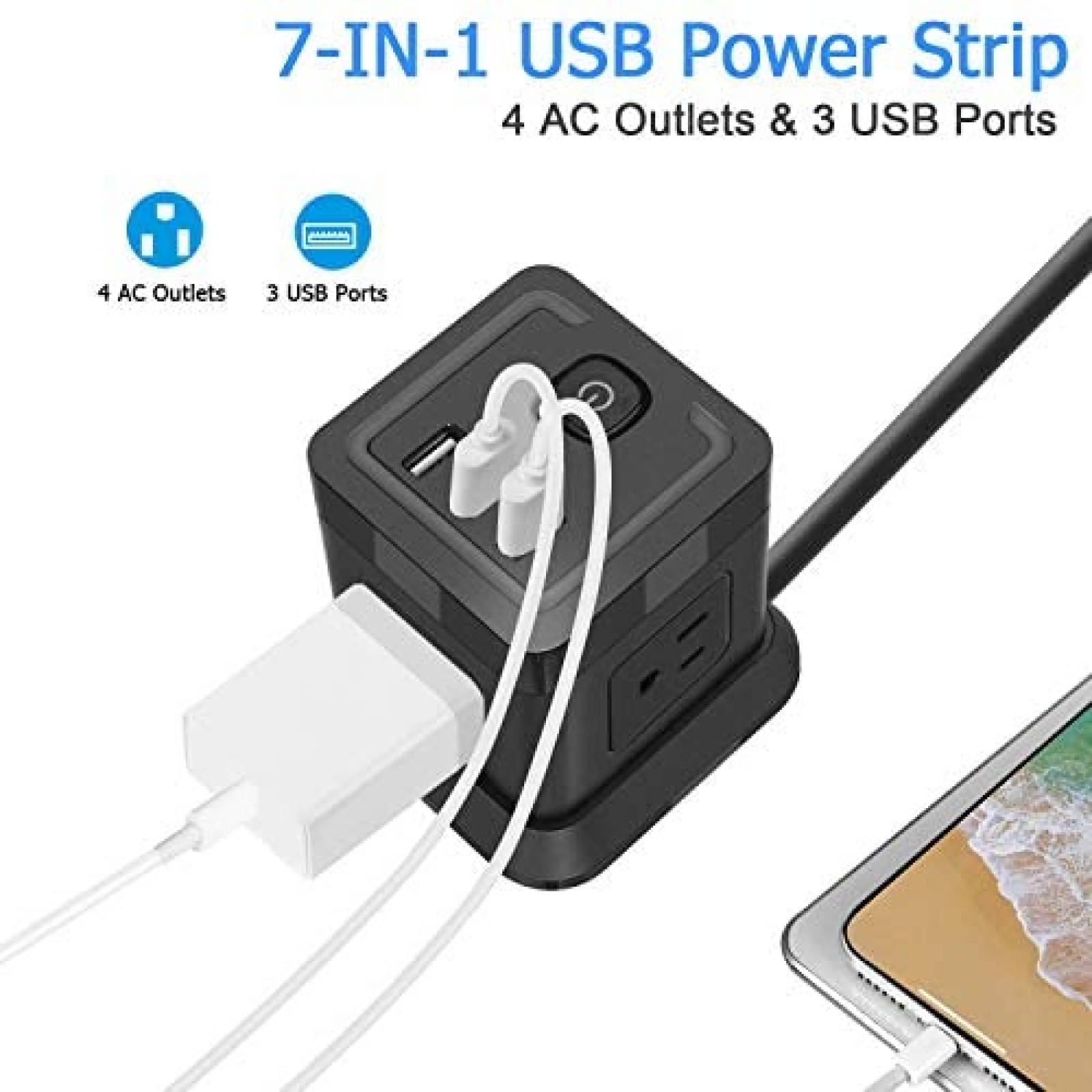 Multicontactos FDTek con 4 Entradas AC y 3 USB -Negro