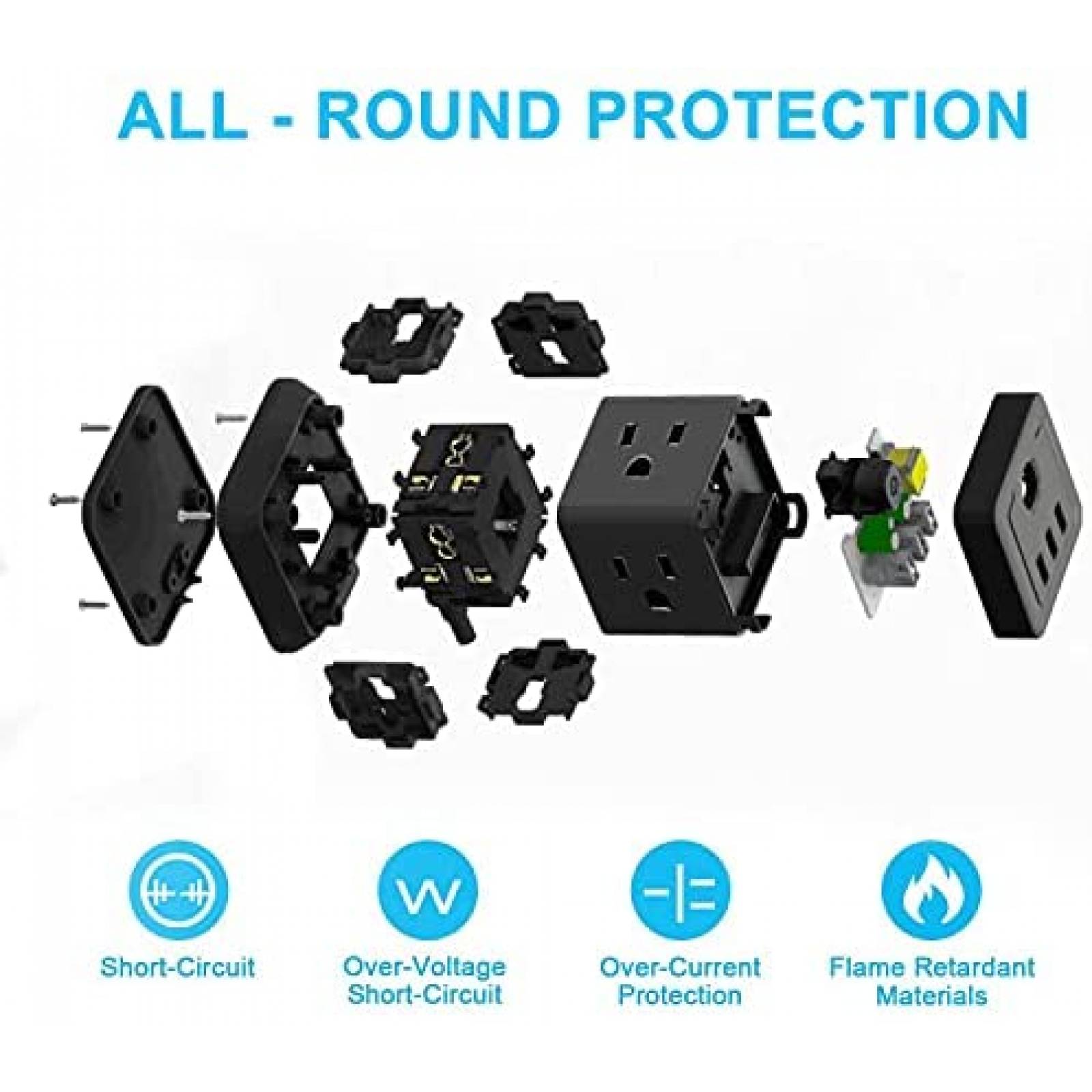 Multicontactos FDTek con 4 Entradas AC y 3 USB -Negro