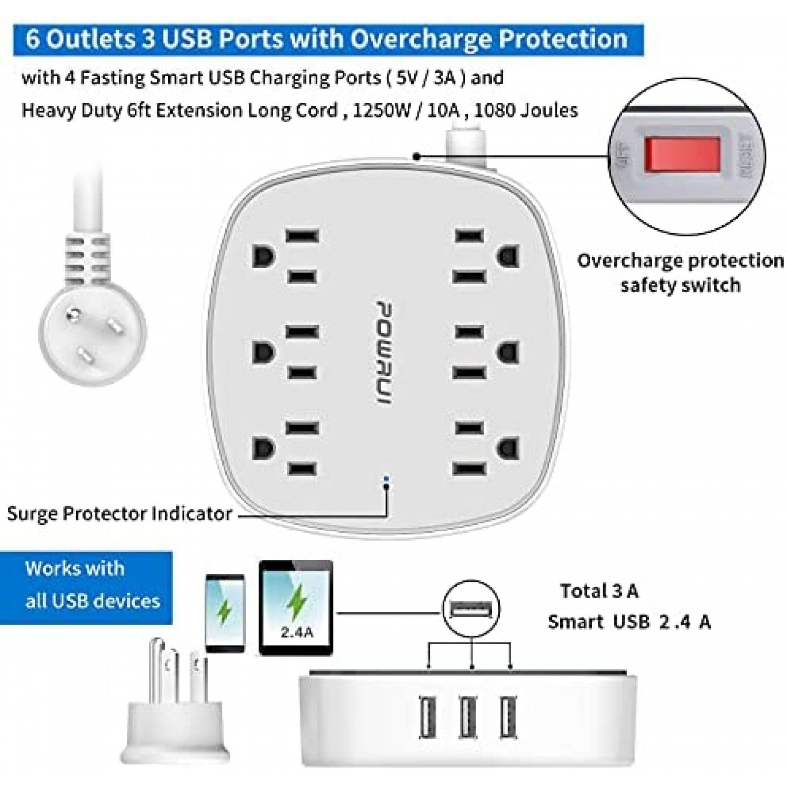 Multicontactos POWRUI de 6 AC y 3 USB Cable 6 Pies -Blanco