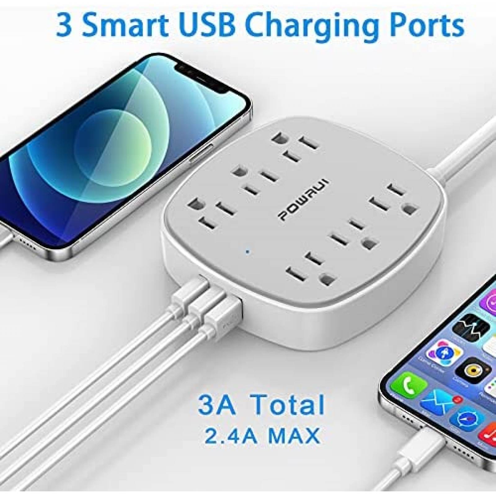 Multicontactos POWRUI de 6 AC y 3 USB Cable 6 Pies -Blanco