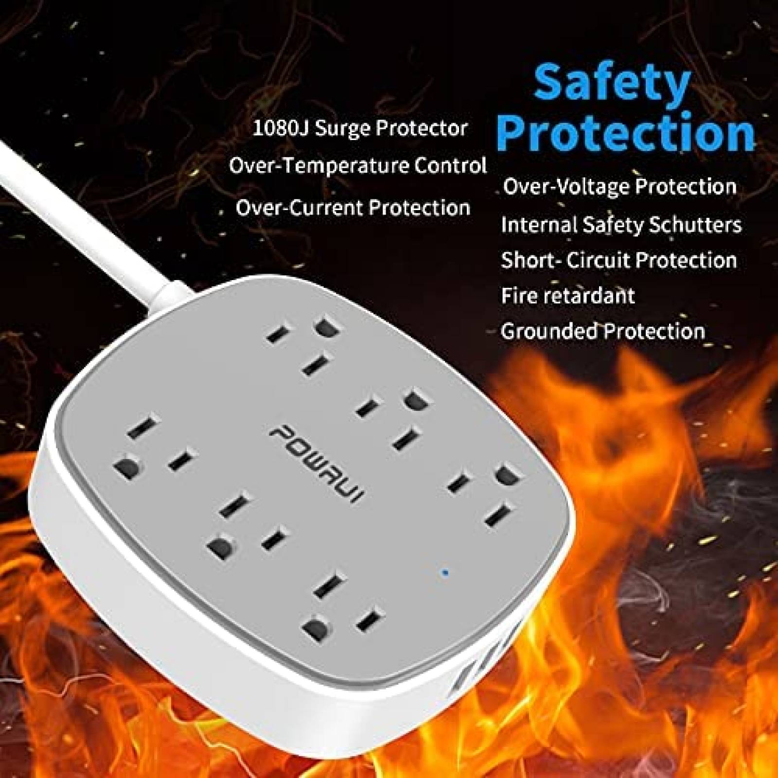 Multicontactos POWRUI de 6 AC y 3 USB Cable 6 Pies -Blanco