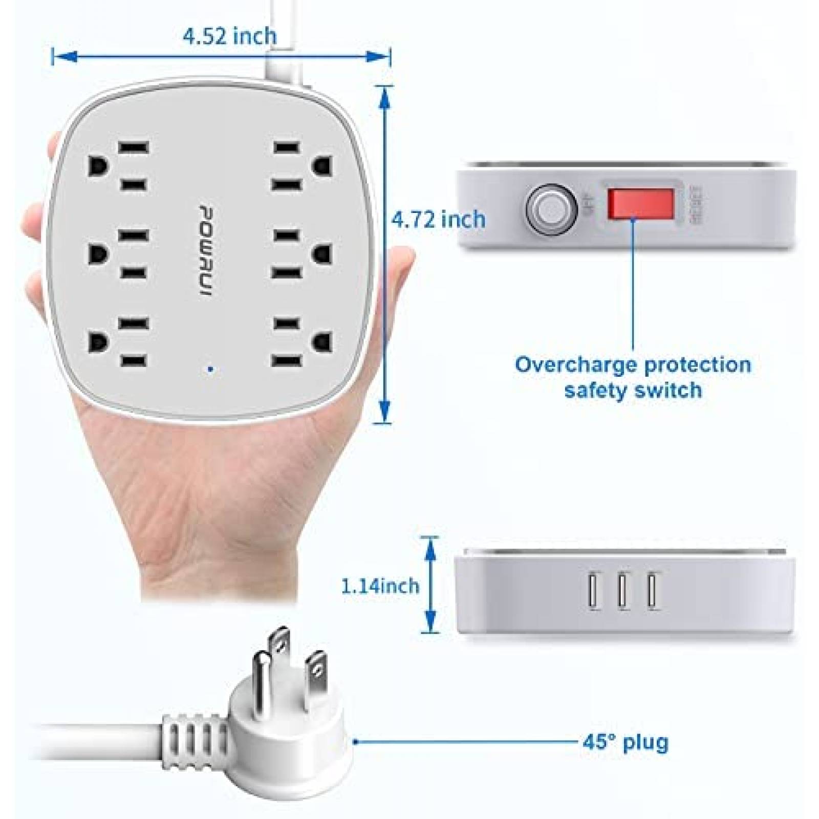 Multicontactos POWRUI de 6 AC y 3 USB Cable 6 Pies -Blanco