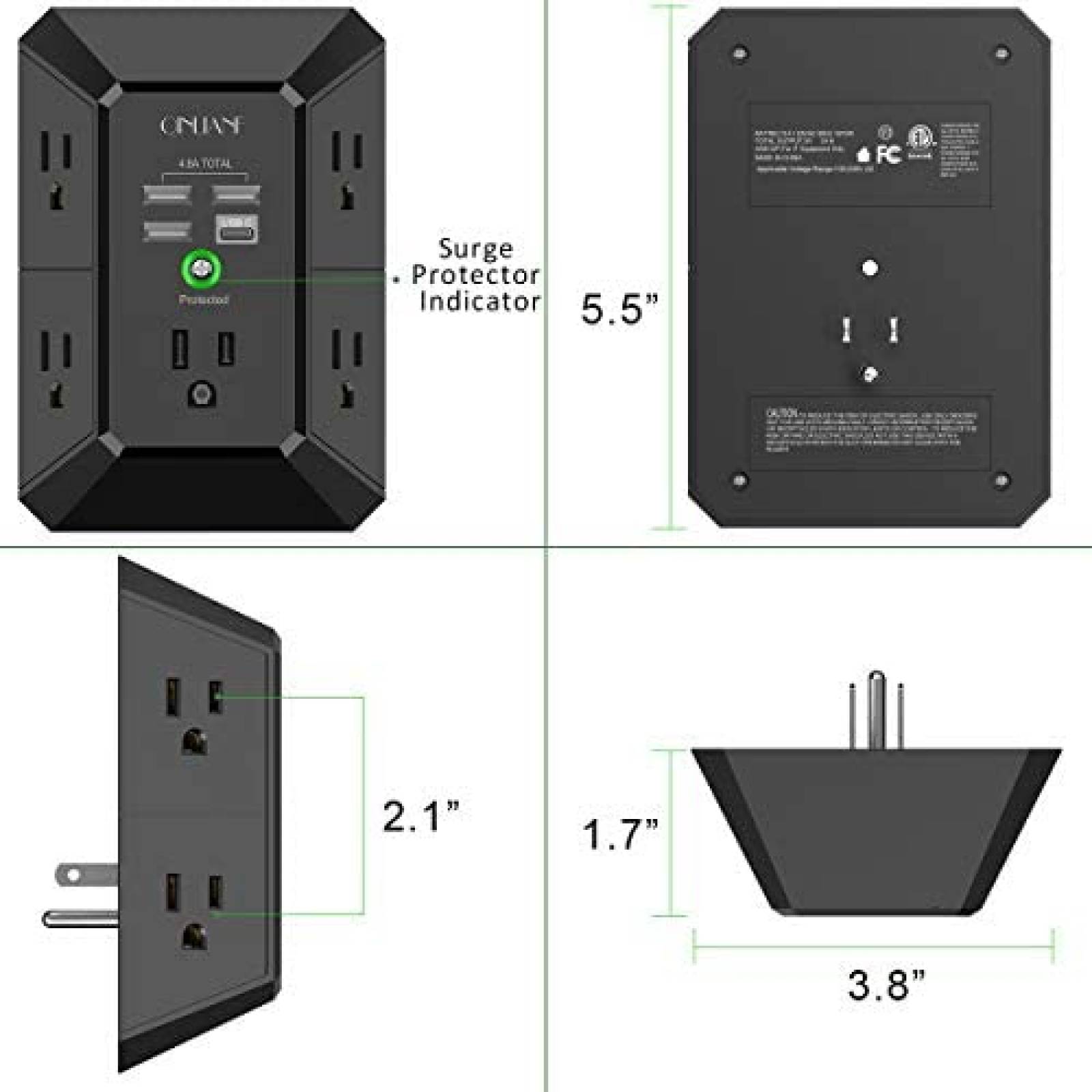 Conector de enchufe para pared QINLIANF 5 puertos -Negro