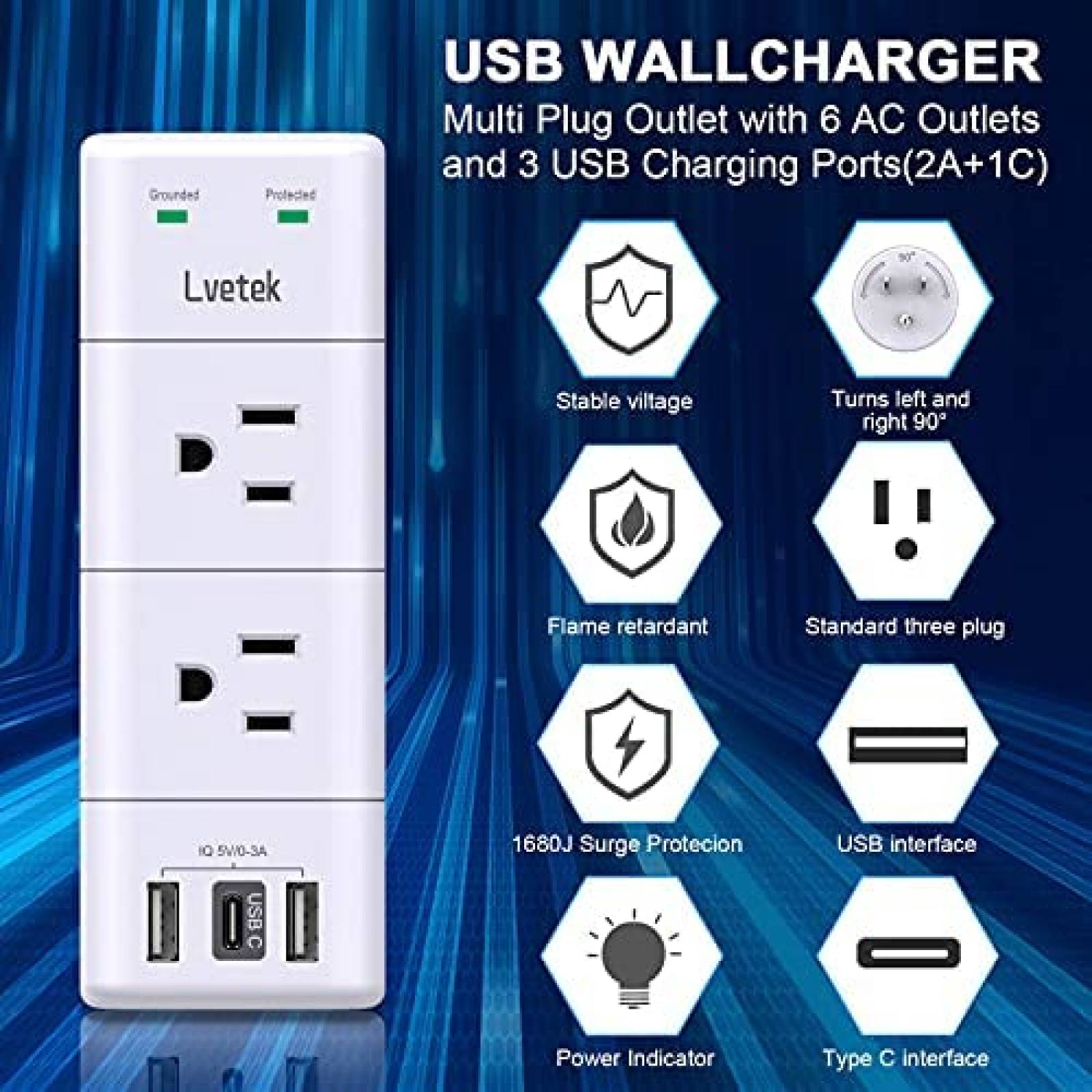 Enchufe multicontacto Lvetek 6 espacios 125V -Blanco