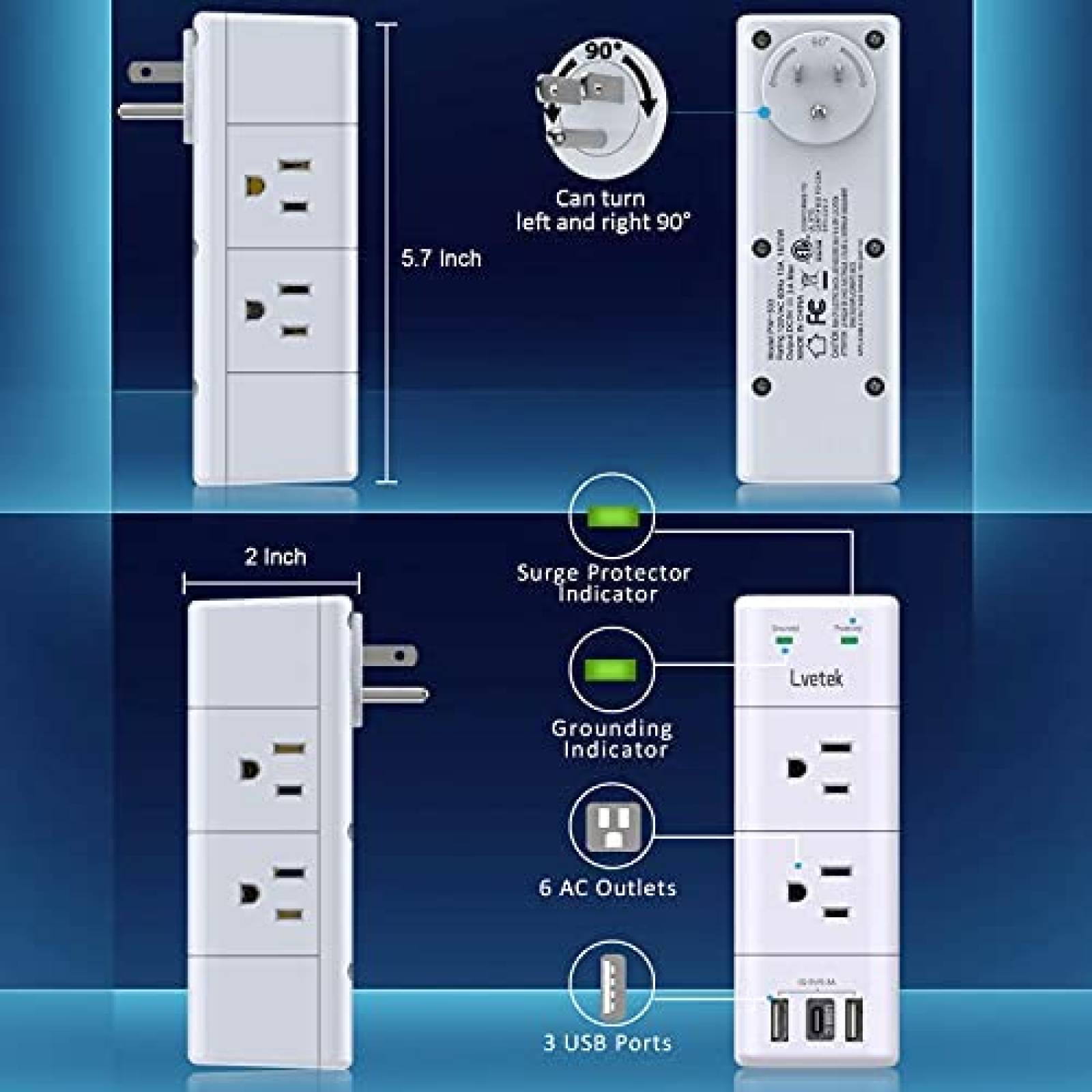 Enchufe multicontacto Lvetek 6 espacios 125V -Blanco