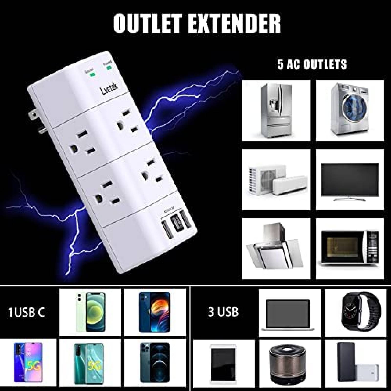 Enchufe multicontacto Lvetek 6 espacios 125V -Blanco