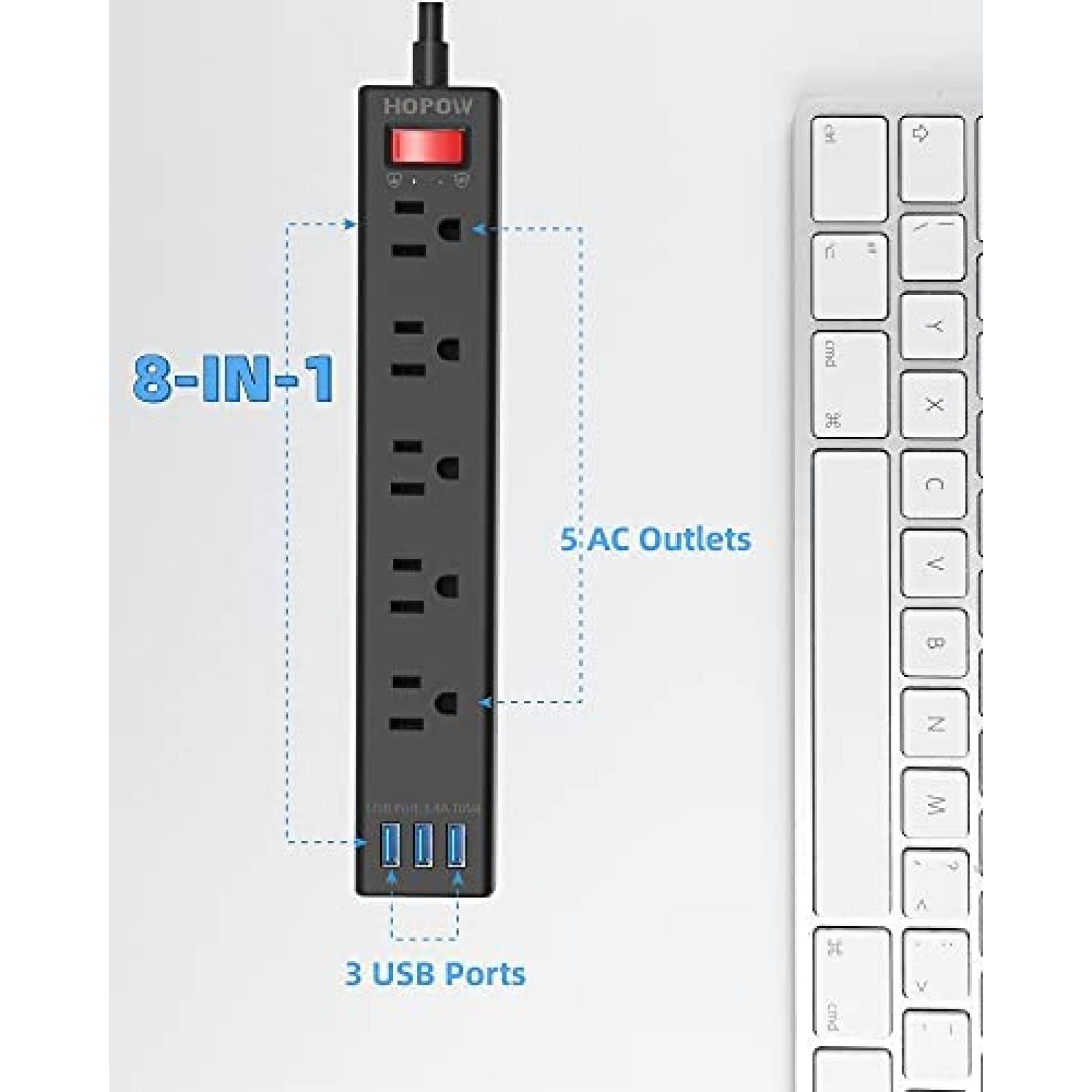 Multicontacto HOPOW 5 Salidas CA 3 USB 1700 Julios -Negro